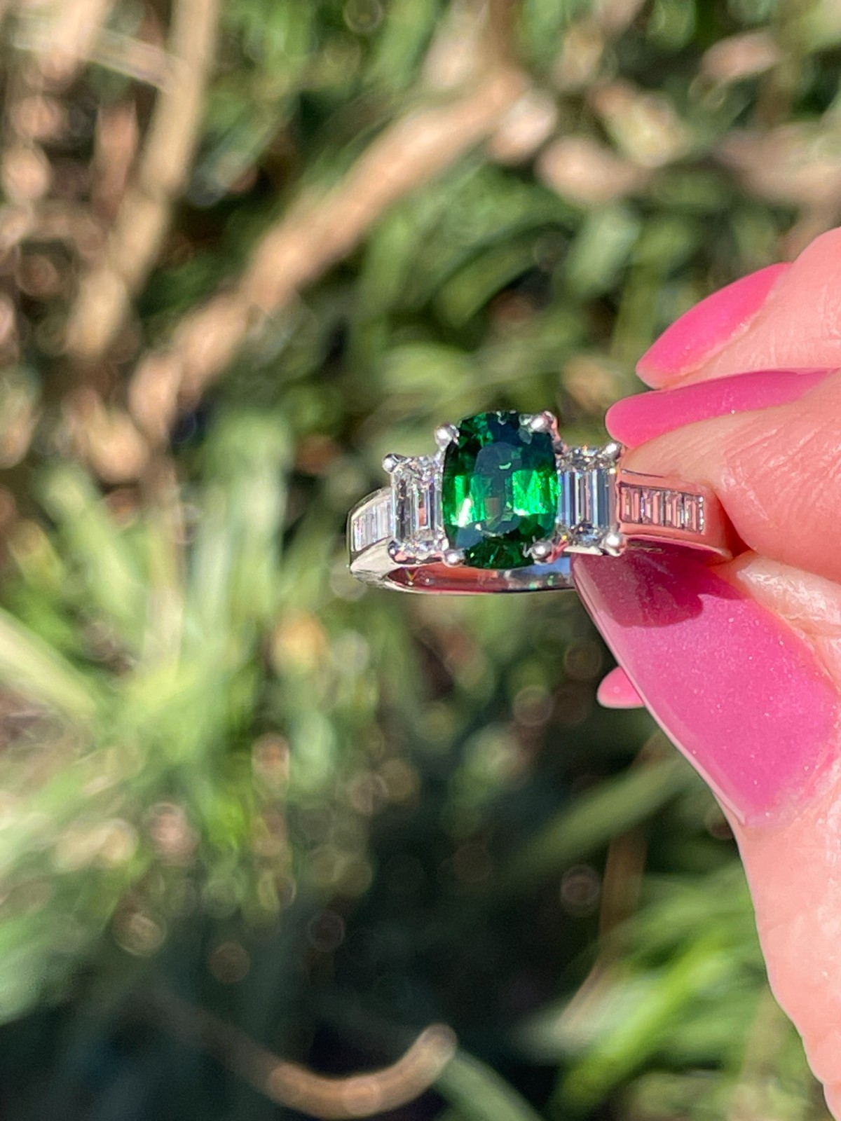 Vintage GIA 2.46ctw Natural Green Cushion Cut Tsavorite Diamond Platinum Ring