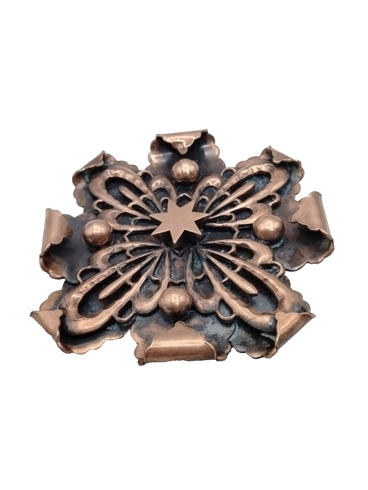 Artisan Crafted Copper Flower Brooch Pin Boho Dimensional Star Medallion Jewelry