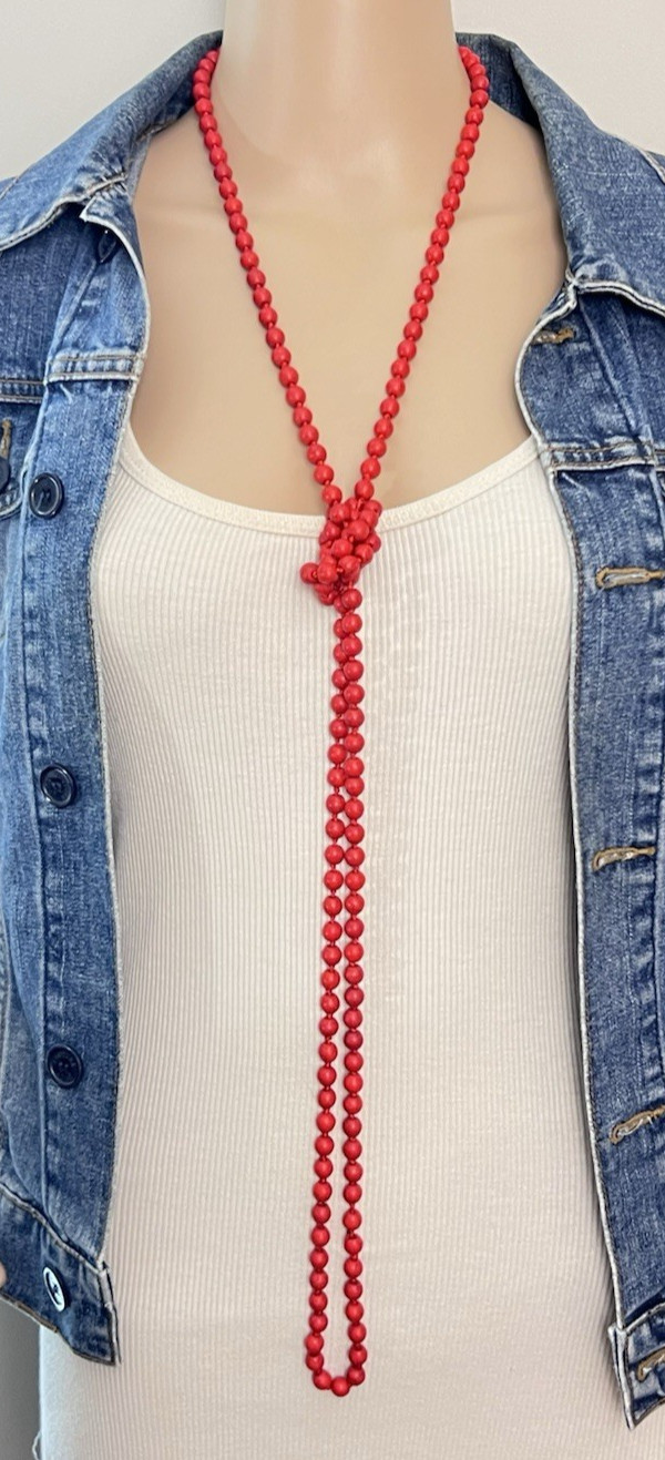 Vintage Hand Knotted Dyed Red Howlite Flapper Necklace 60 in