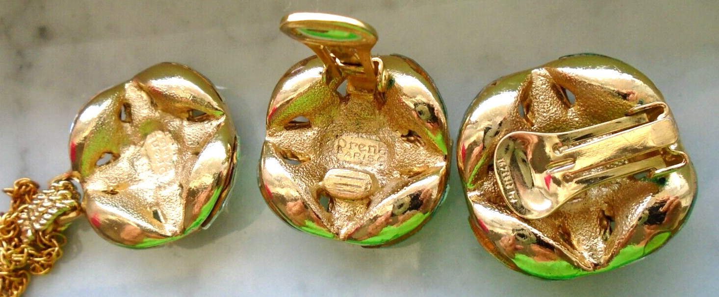 Signed Orena Paris Gold Ton Earring Necklace Set Vintage Marquise Crystal France