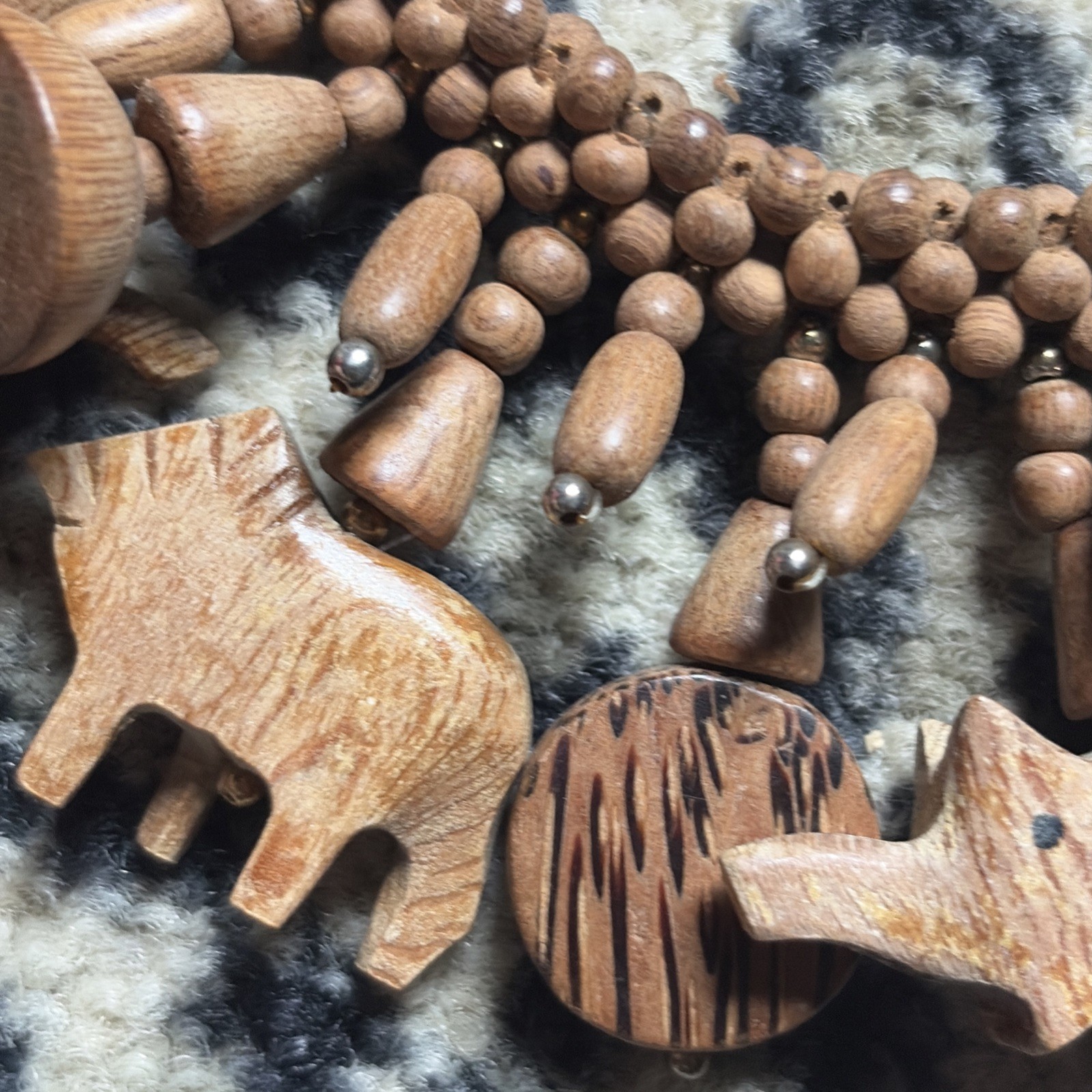 Vintage 1960s Barrel Clasp Hand Carved Wooden Animal Necklace Safari Figural