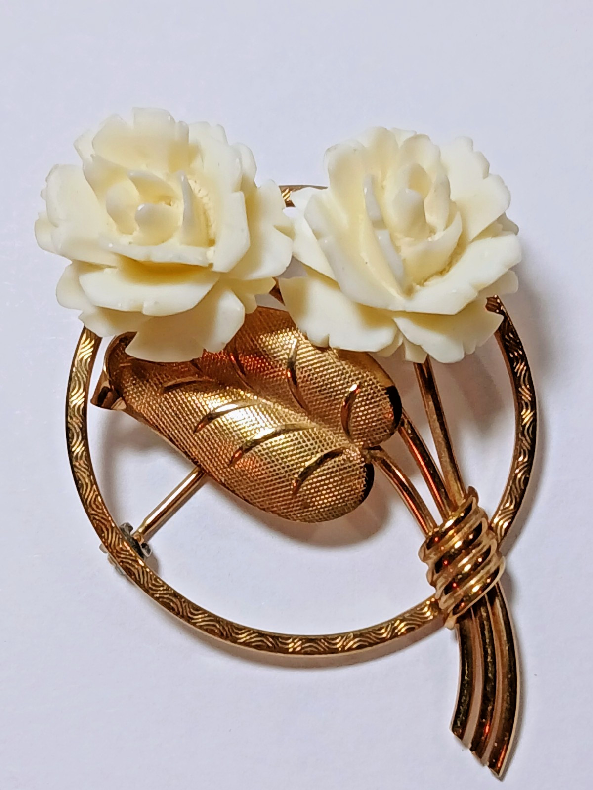 Vintage 1/20 12K Brooch Gold Filled Carved Rose Flower Leaf Pin Signed GF AC
