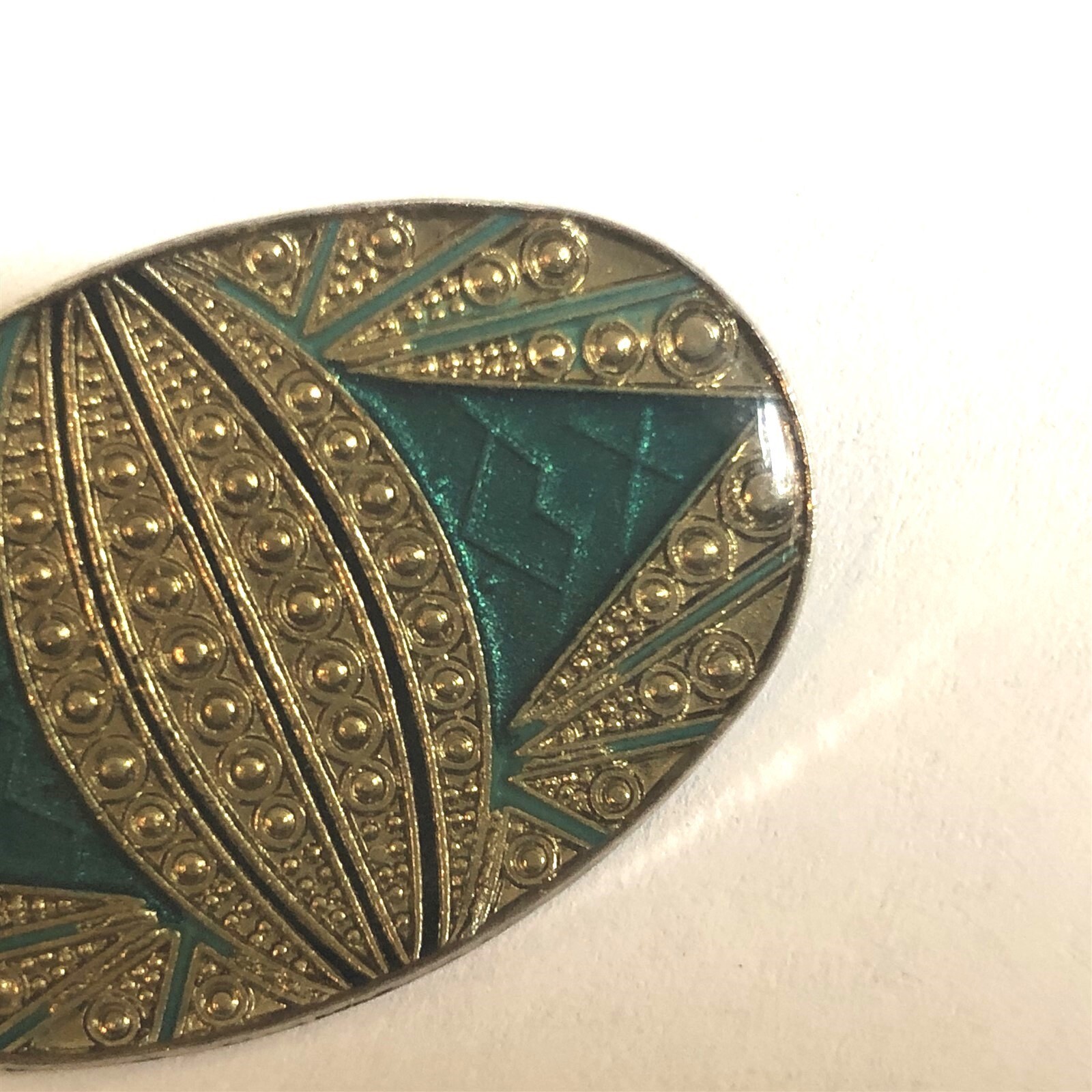 Vintage Art Deco Style Brooch Green Gold Enamel Lucite made in Taiwan