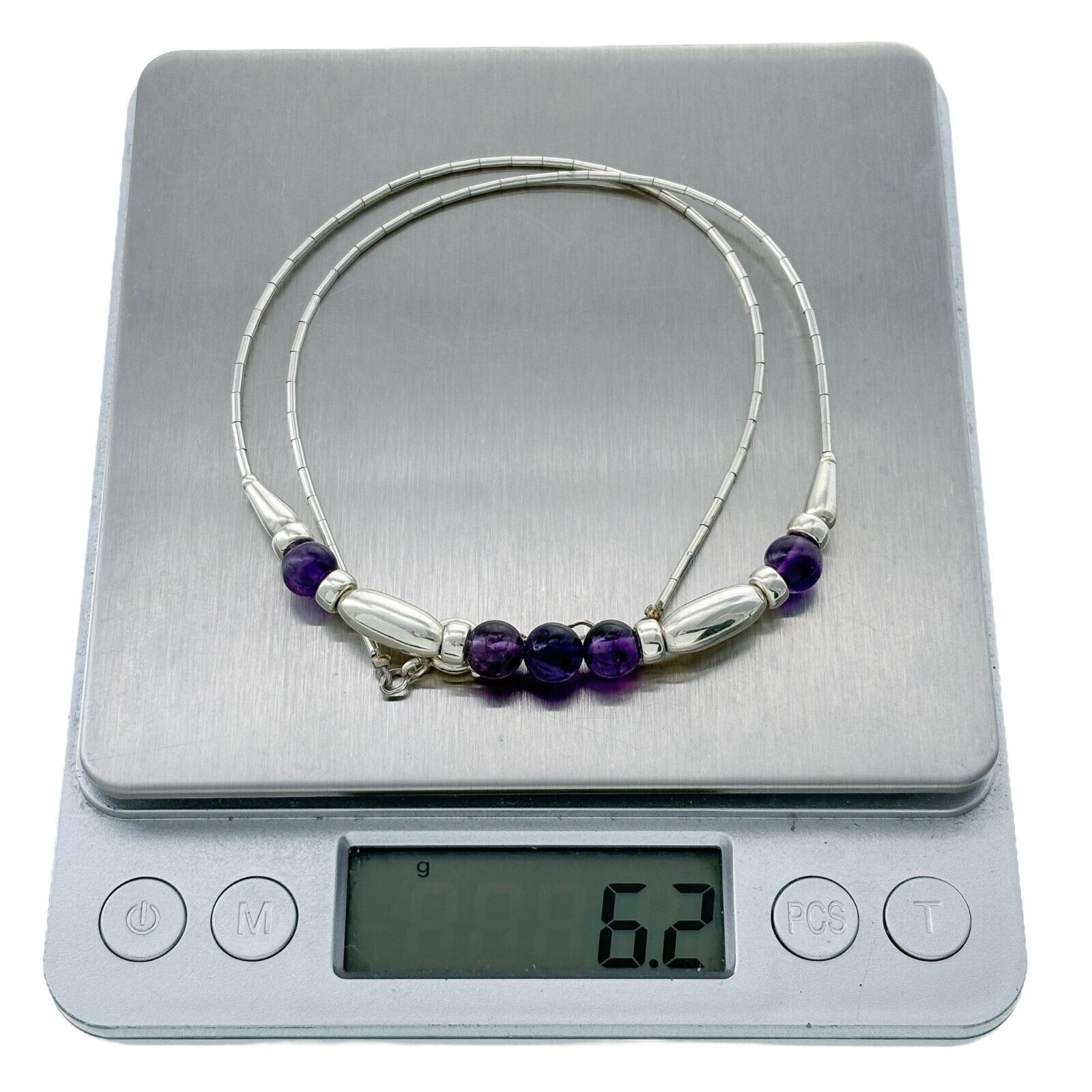 Amethyst Bead Bar Necklace | Vintage Sterling Liquid Silver 925 | 16”