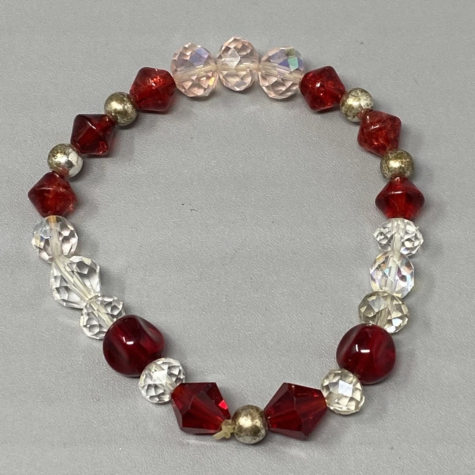 Glass Bead Bracelet Red Clear Pink Fire AB Coated Iridescent Bicone Stretch 7″