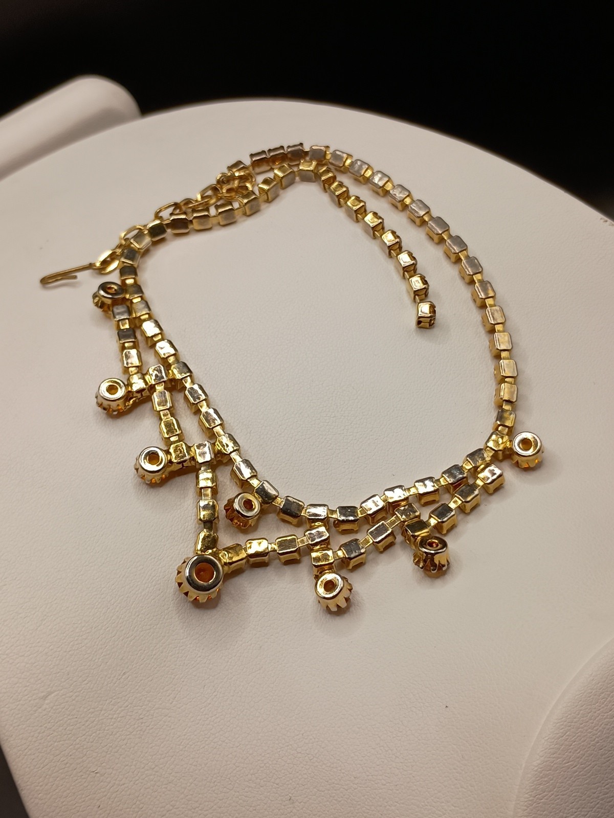 Victorian Revival Amber Color Rhinestone Necklace Regal Collar Gold Tone 16.5″