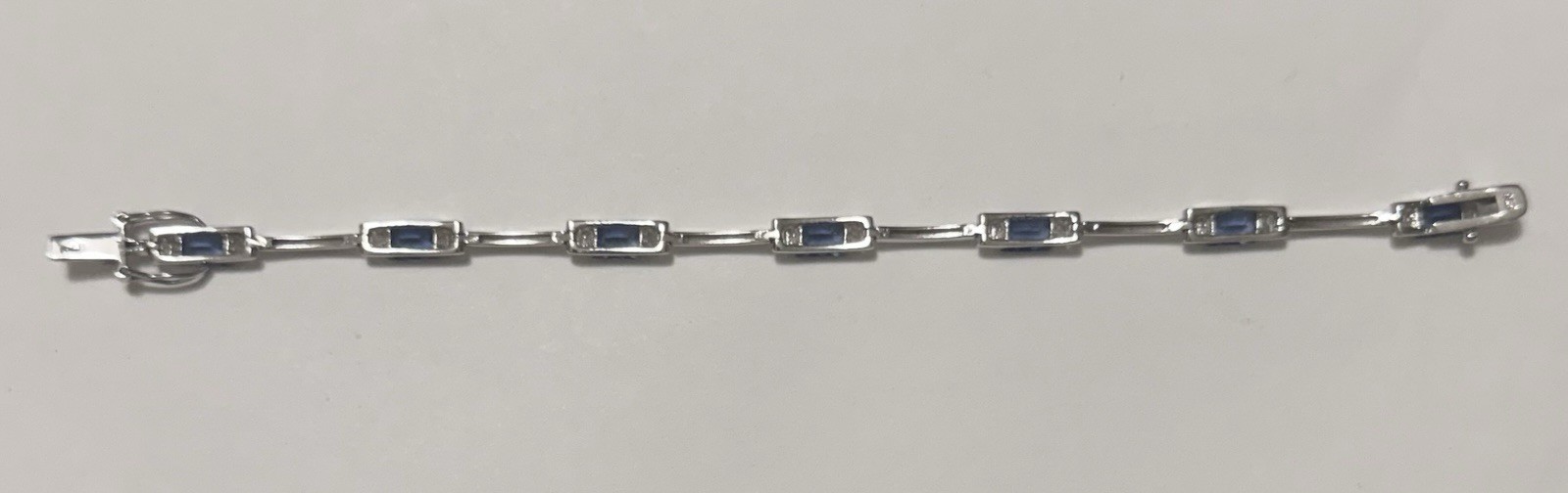 Vintage FAS Sterling Silver Blue Faceted Stone Station Bar Link Bracelet 7”, 10g