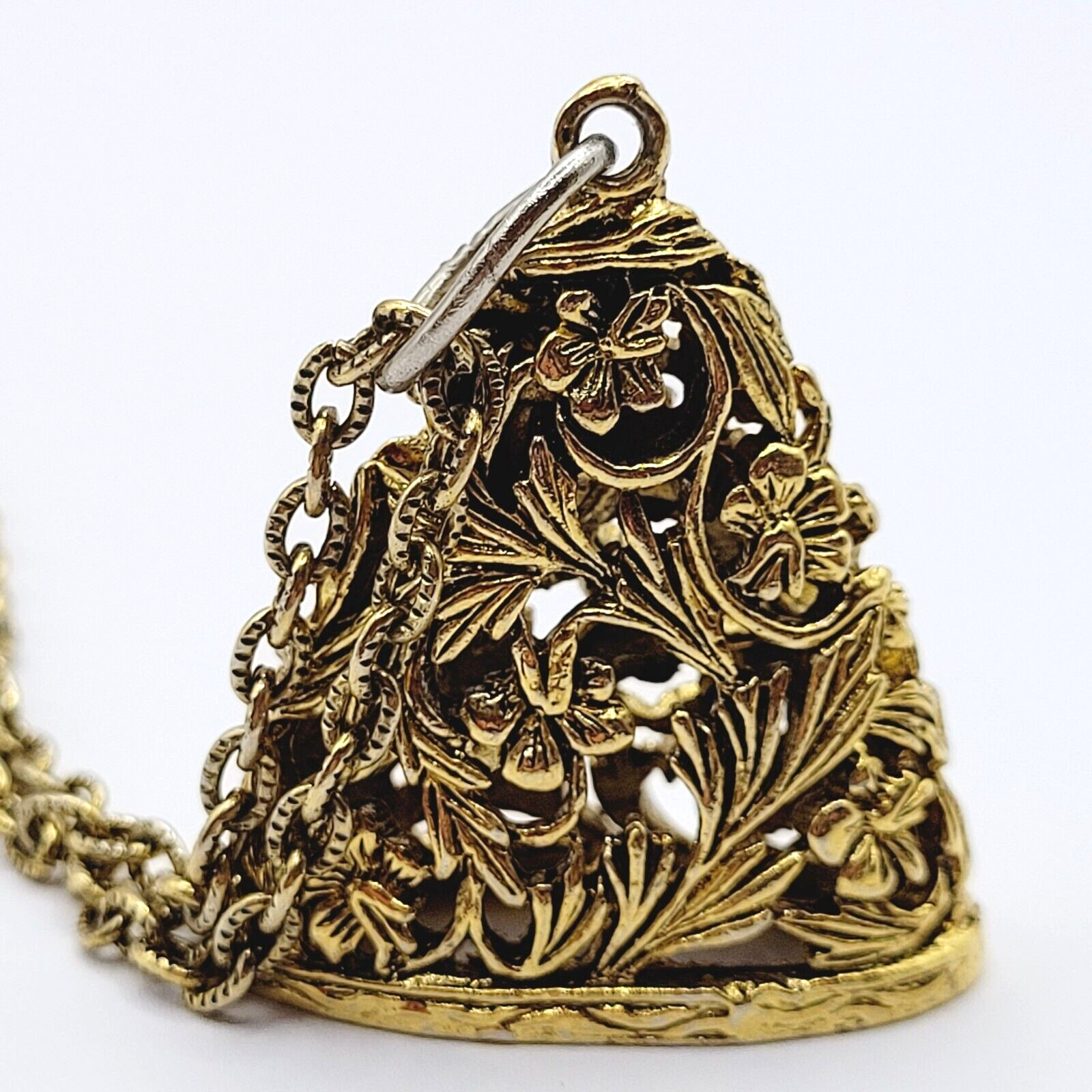 Renaissance Floral Triangle Filigree Pendant Necklace Gold Tone NO CLASP 24 Inch
