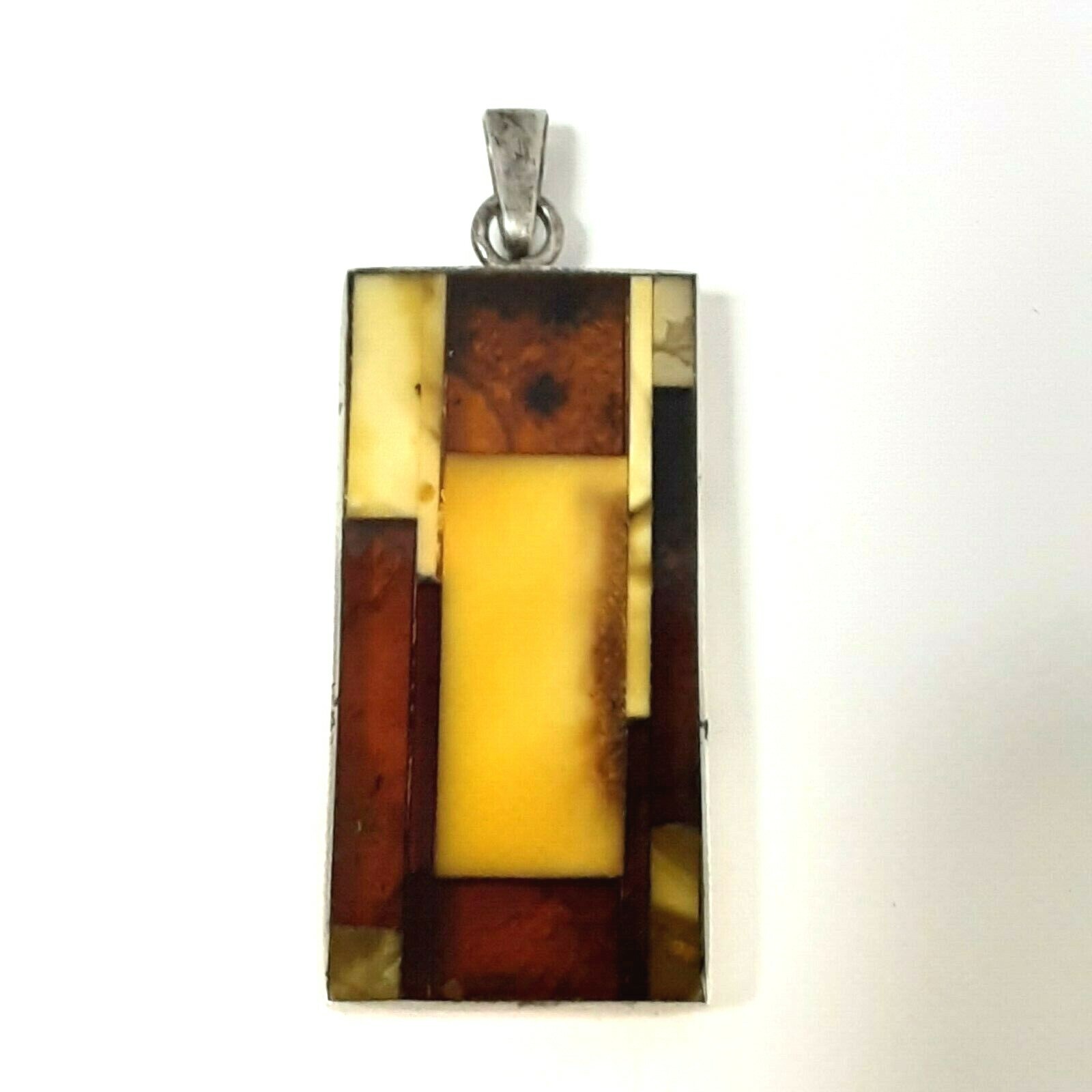 Vintage JZ Inlay Baltic Egg Yolk & Cognac Amber Sterling Silver Pendant Poland