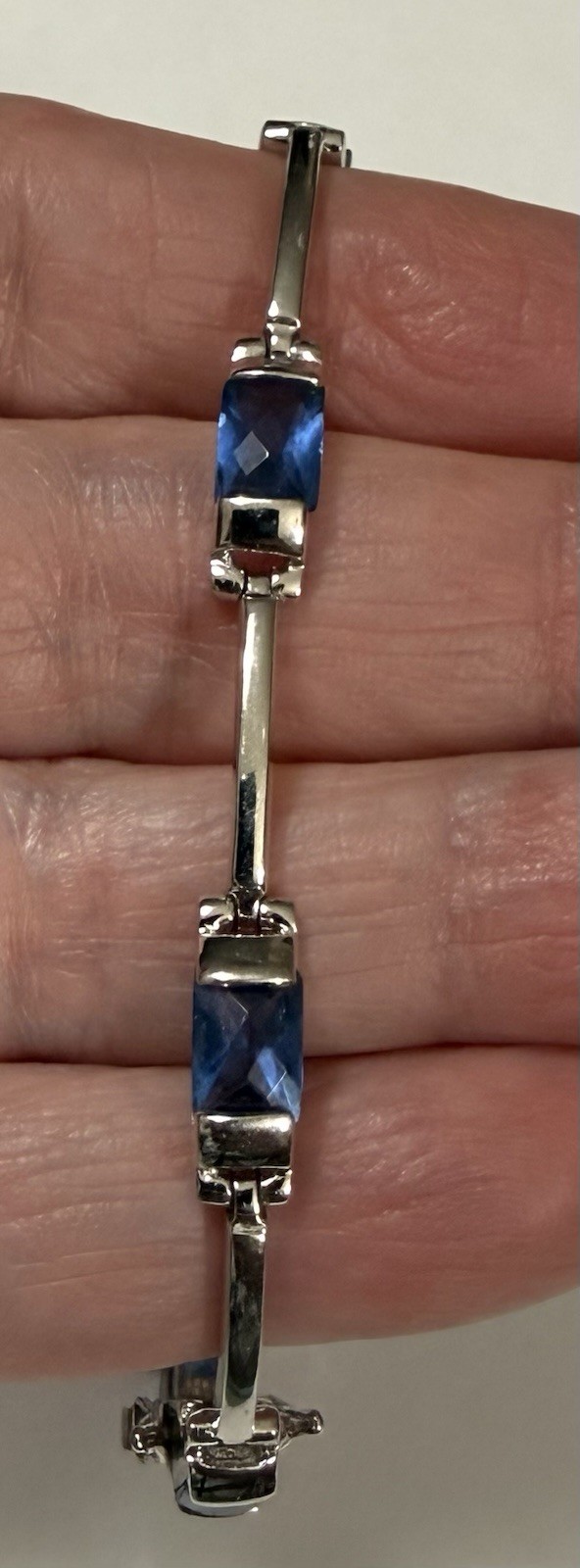 Vintage FAS Sterling Silver Blue Faceted Stone Station Bar Link Bracelet 7”, 10g