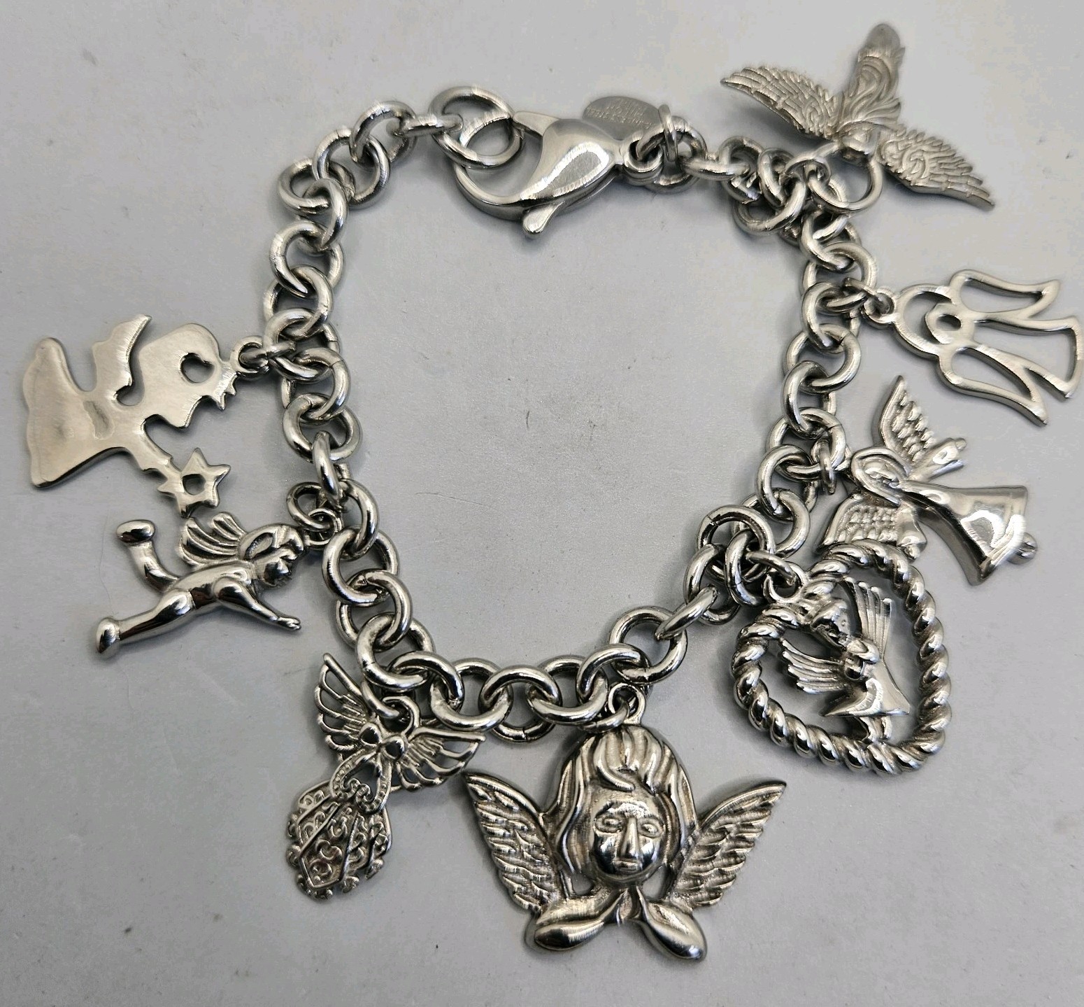 Milor Charm Bracelet Guardian Angel Cherub Stainless Steel Silver Tone 7″ Chain