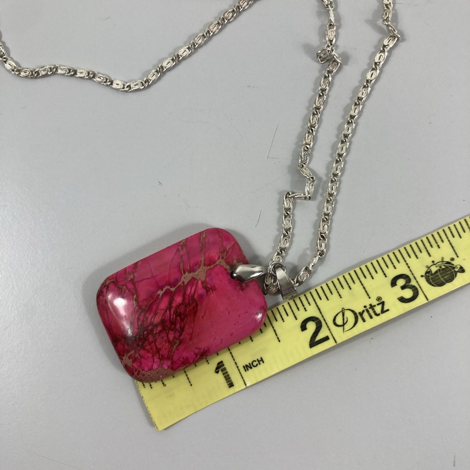 Polished Pink Stone Pendant 2.5″ Rounded Rectangle 19″ Silvertone Chain Necklace