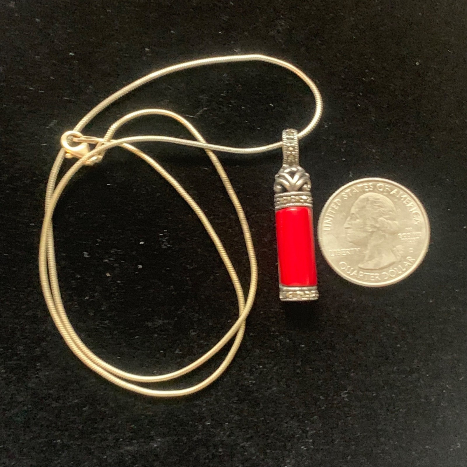 Vintage Red Coral Sterling Silver Pendant Necklace 18″ Chain Marcasite 925 Mod