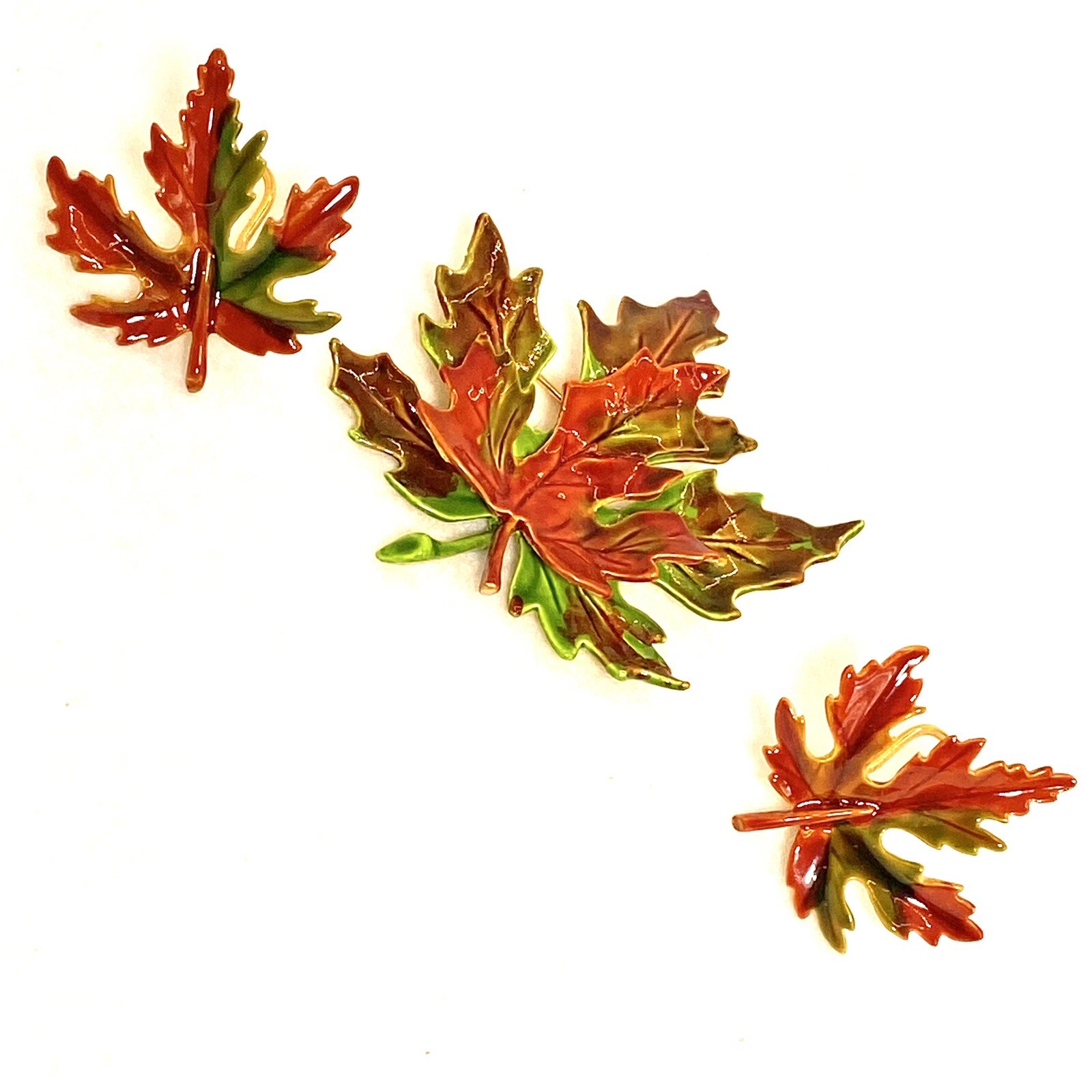 Vtg GoldTone Unmarked Brooch ClipOn Earrings 3D Fall Colors Leaves Unique Rare C