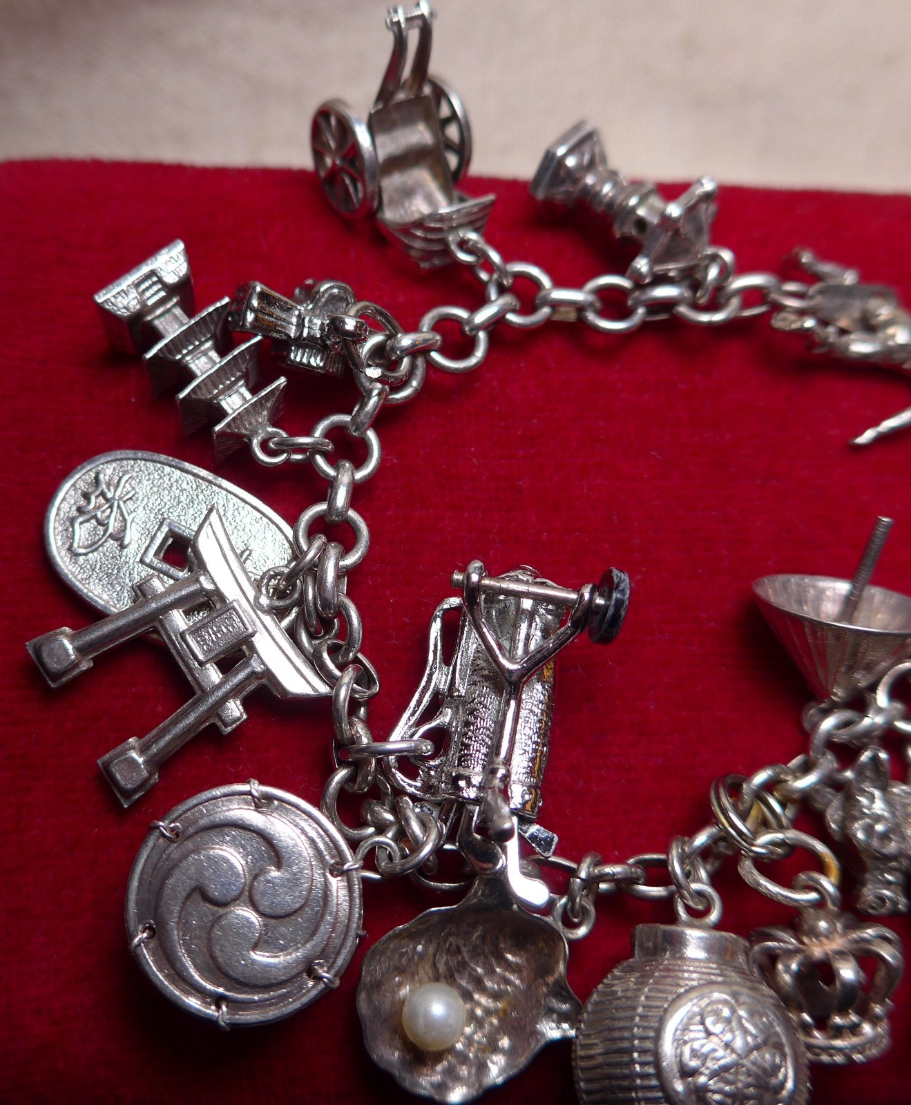 vtg LOADED Asian Theme Charm Bracelet Sterling Silver 925 Charms 6.5″