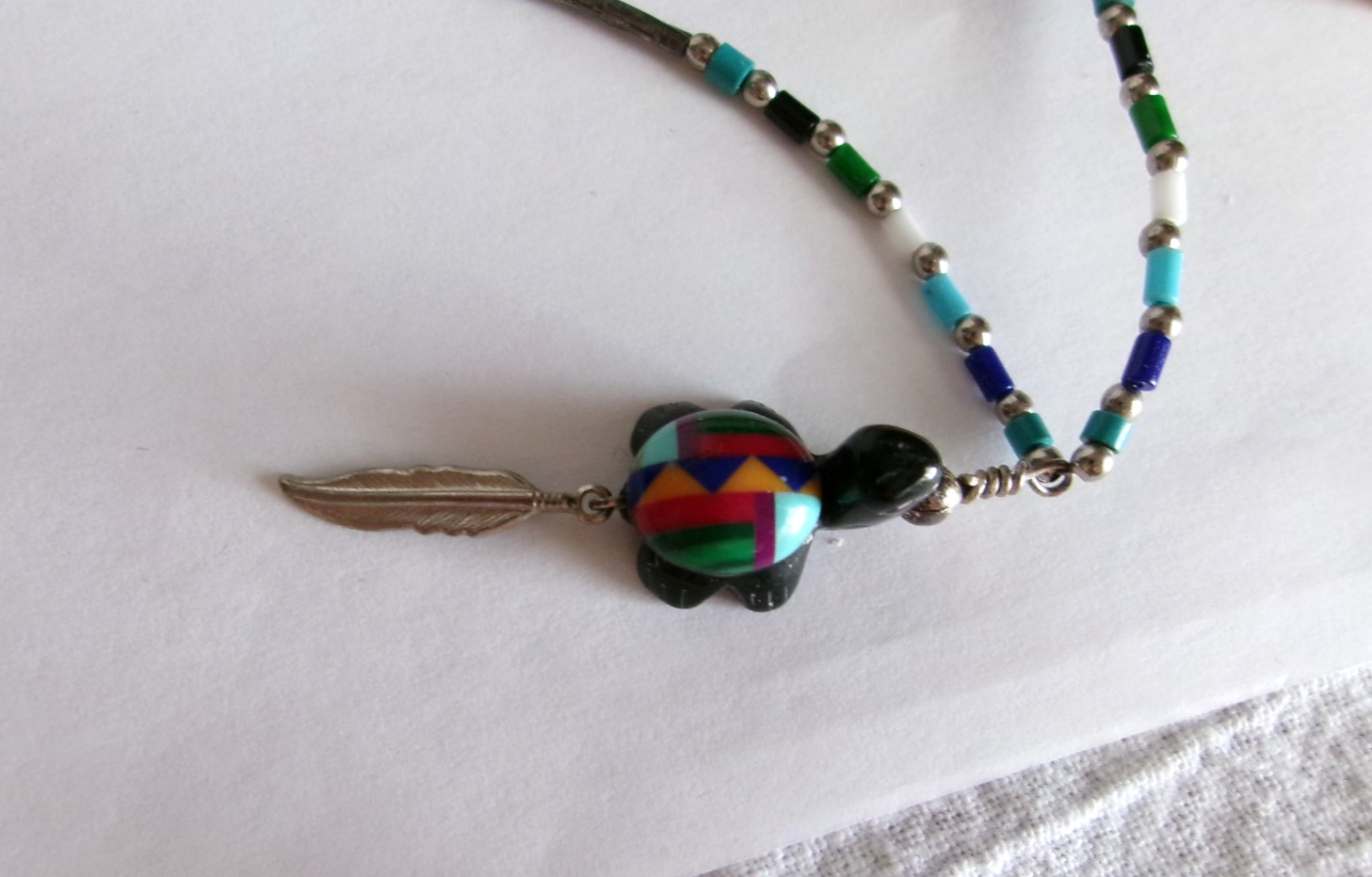 Inlay Turtle Pendant Necklace 18″ Liquid Silver & Bead Chain