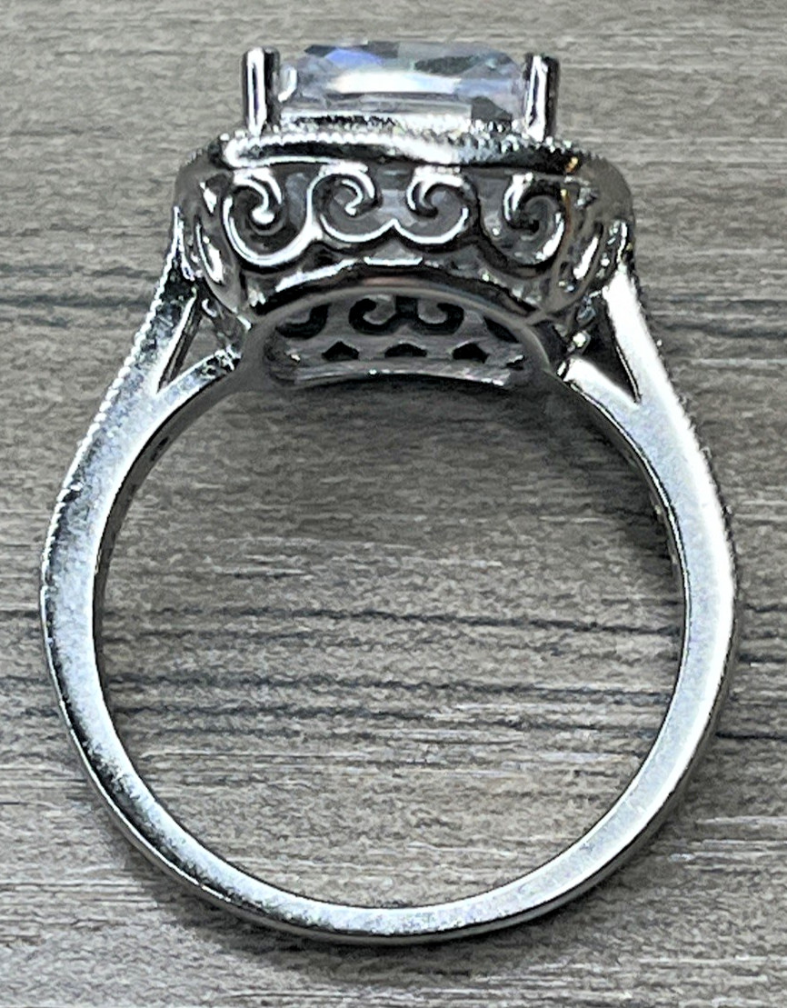 Signed PAJ Sterling 925 Clear CZ Cushion Cut Ring Halo With Side Stones SZ 8 6g