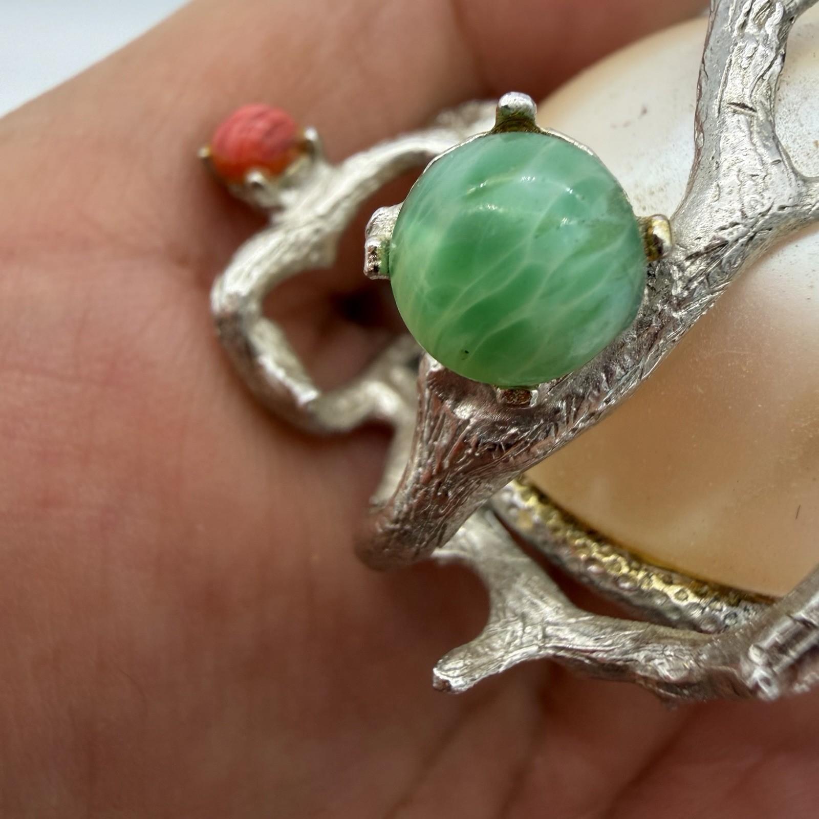 Vtg Huge Faux Pearl Pin Brooch Green Coral Cabochon Branches Rare Estate Read