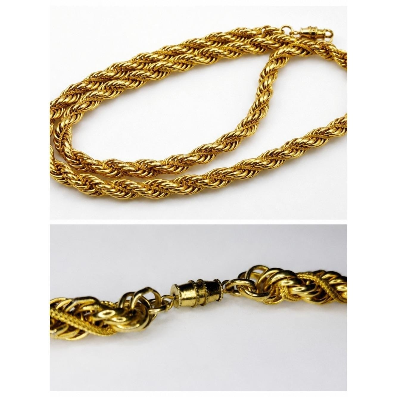 Vintage Gold Tone Braided Rope Chain Necklace 22″ Barbell Clasp Statement Collar