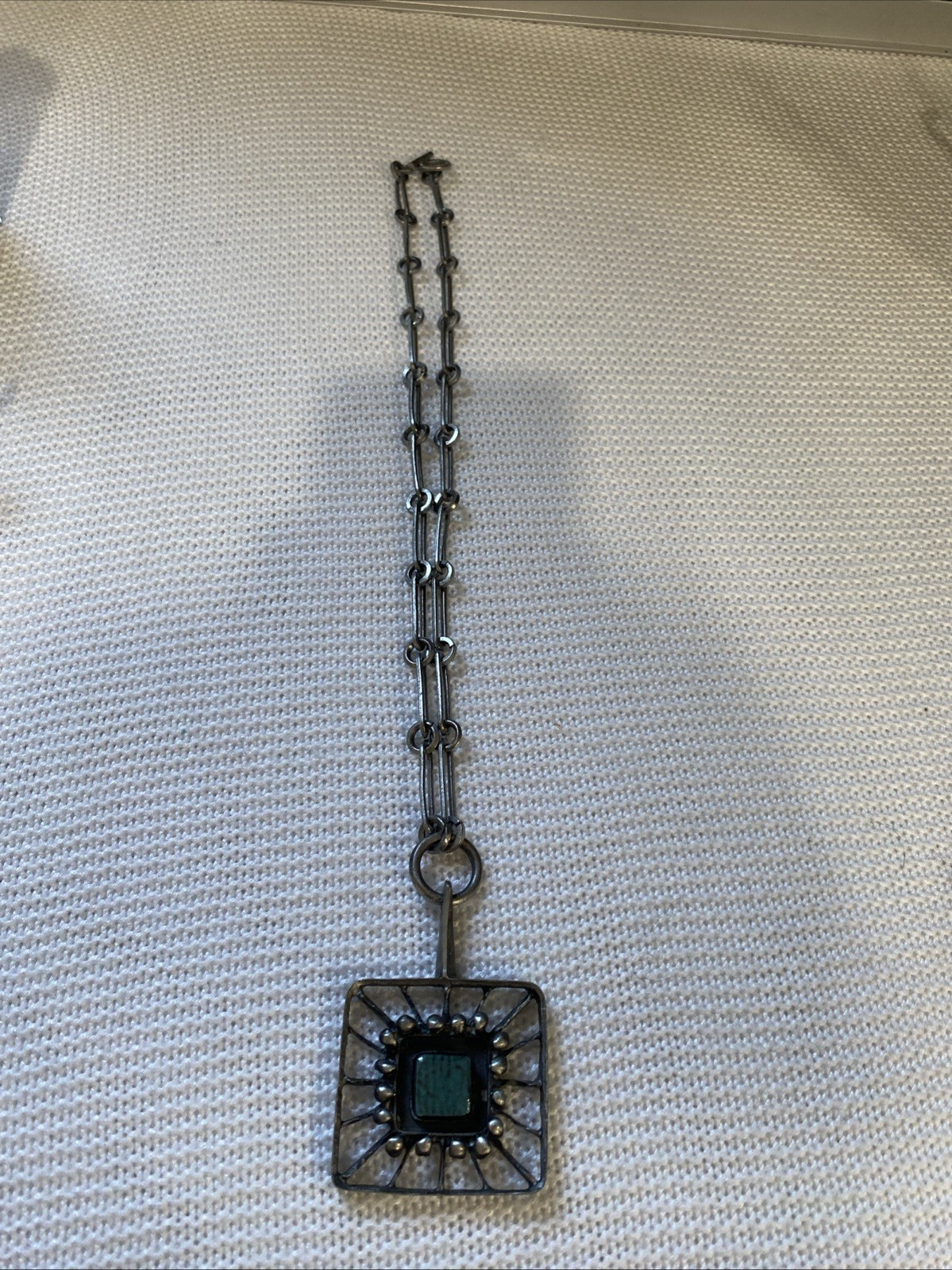 LYSGARGS DESIGN Mid-Century Modernist Pewter & Aqua Ceramic Pendant Necklace #56