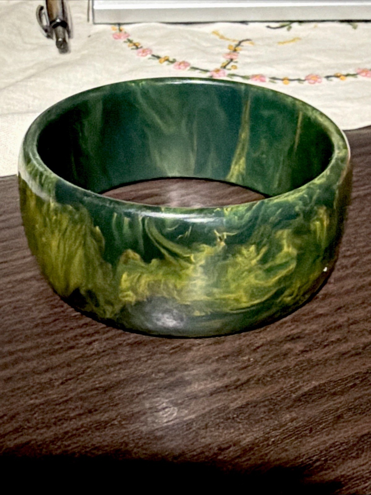 Vintage Blue Moon Wide 44g Bakelite Bangle Blue Green Marbled Bracelet Tested