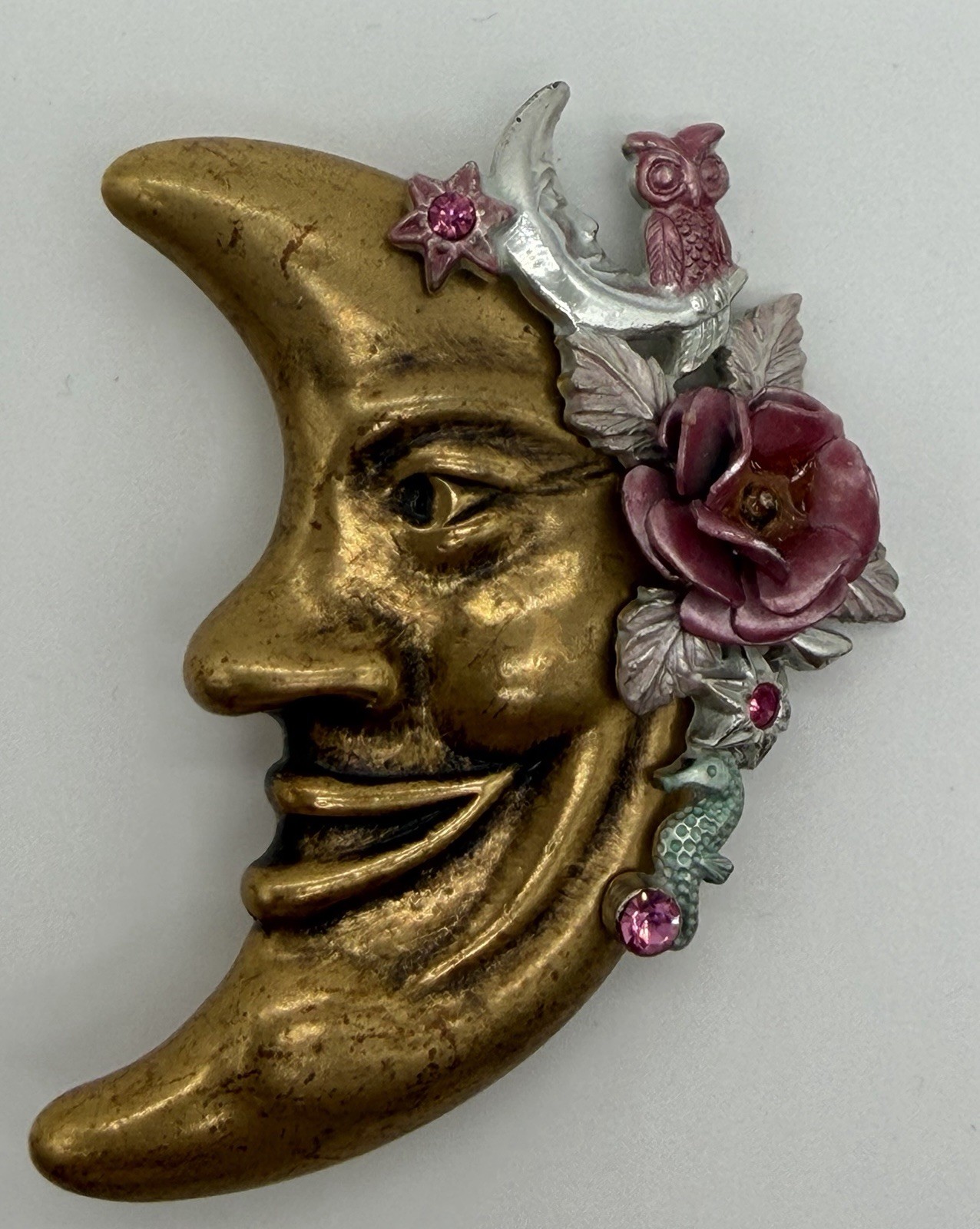 Vintage Crescent Moon Face Brooch Pink Rhinestones Owl Rose Seahorse Whimsical