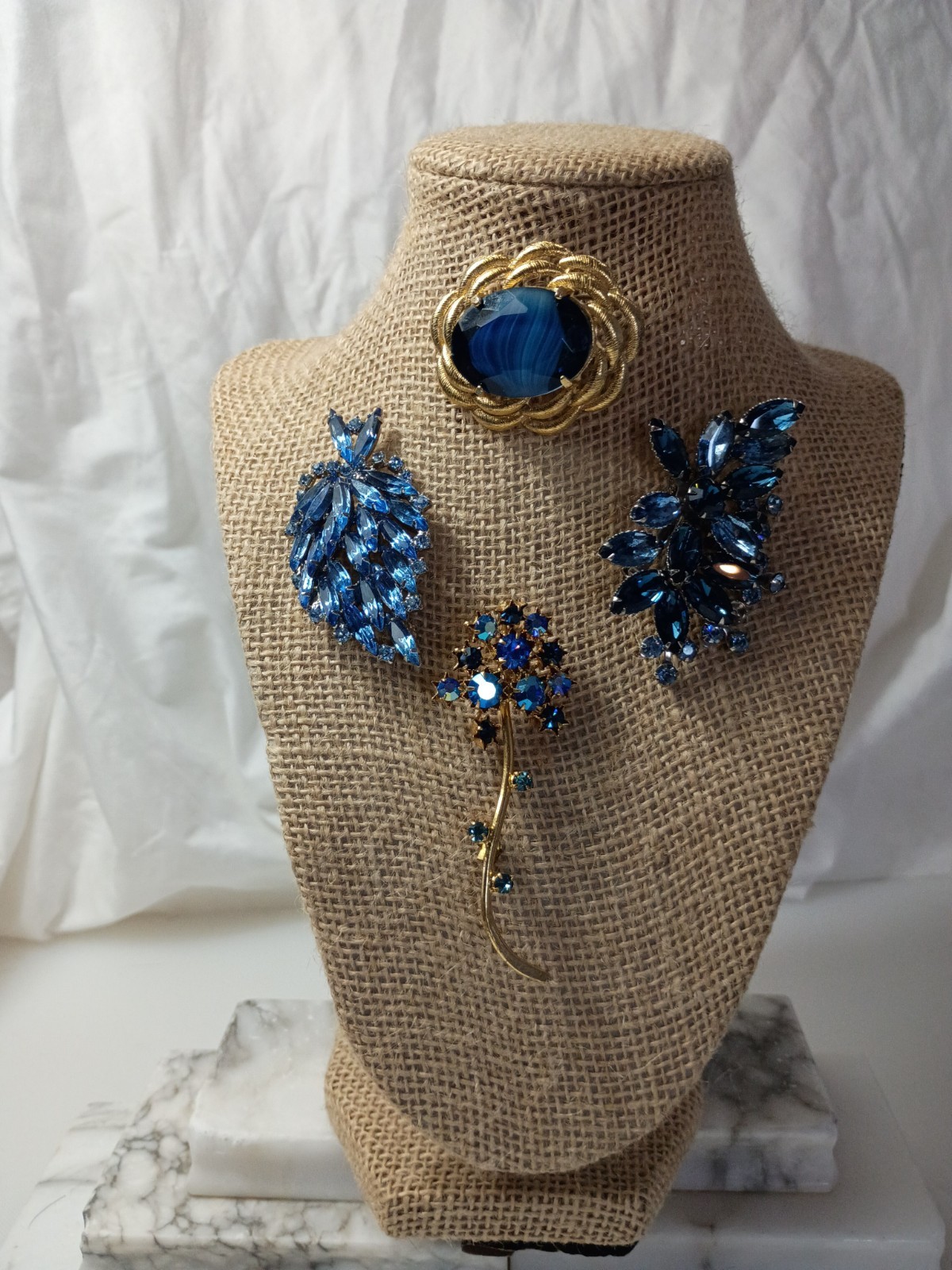 Rhinestone Costume Vintage Jewelry Lot, 4 Piece, Blue, Silver Tones, Gold Tones
