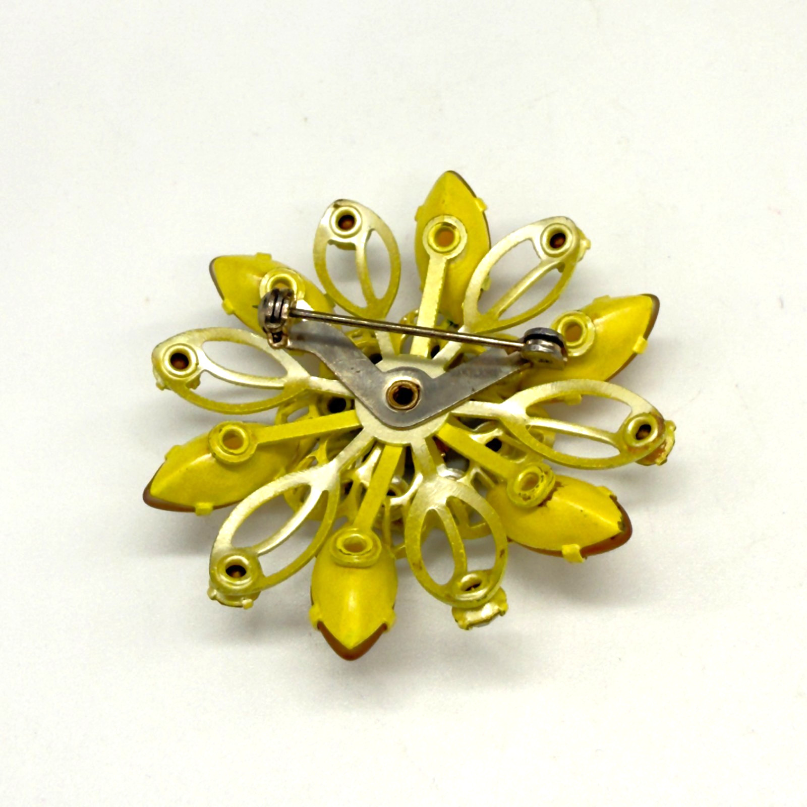 Vintage Enamel Brooch Yellow Flower Pin Dichroic Marquise Petals Rhinestones
