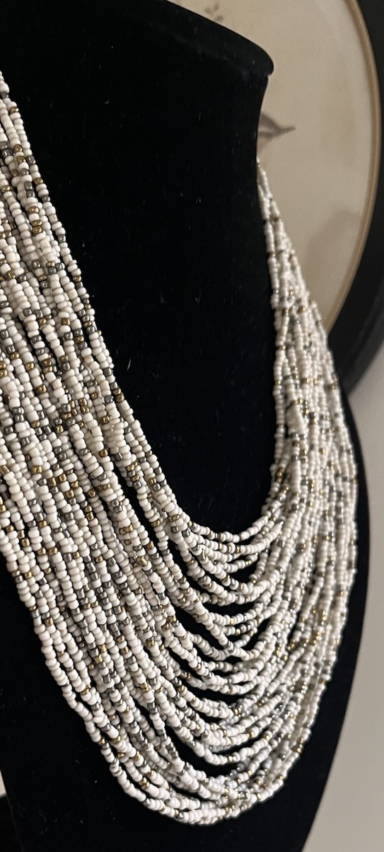 Vintage Multi Layered Ivory Gold Glass Seed Beaded Wood Hook Clasp Boho Necklace