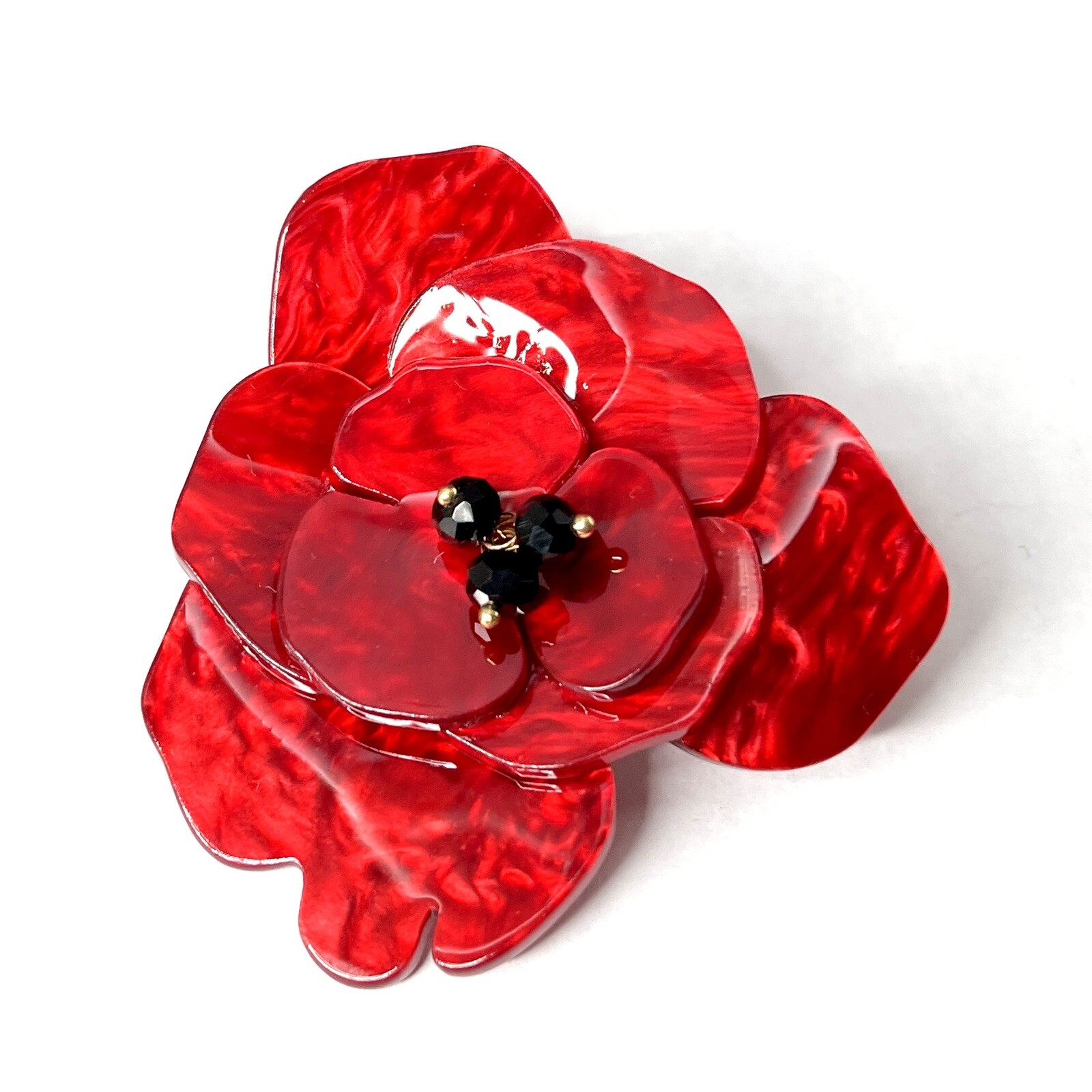Red Poppy Flower Brooch Pin Pearlescent Lucite Acrylic 3D Statement Vtg Retro