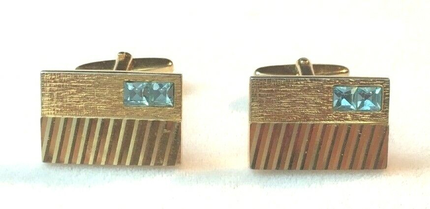 Art Deco Modern Gold Tone Blue Stones Cufflinks Unisex 15mm x 25mm