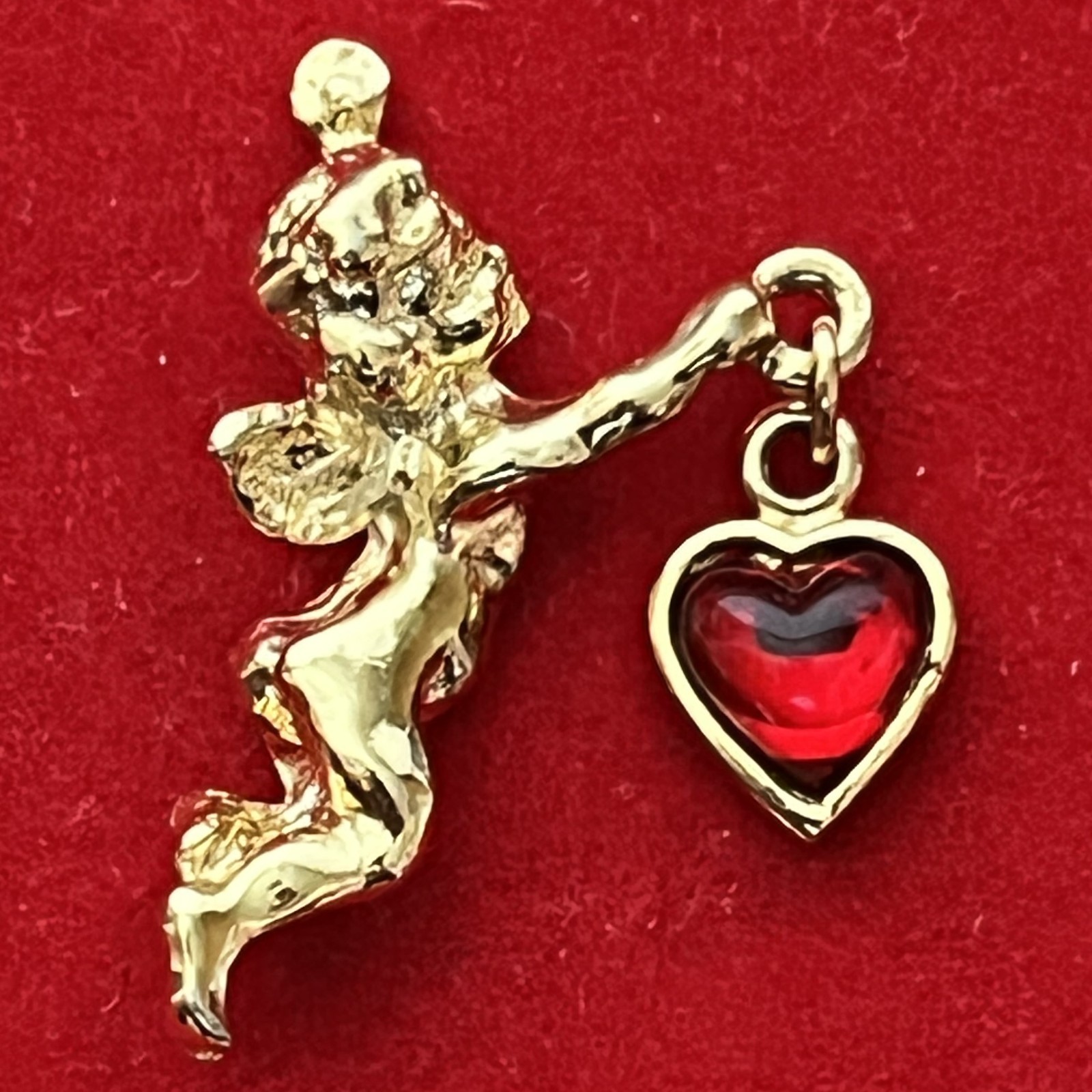 Vintage Shiny Gold-tone Guardian Angel Dangling Red Heart Brooch Pin.