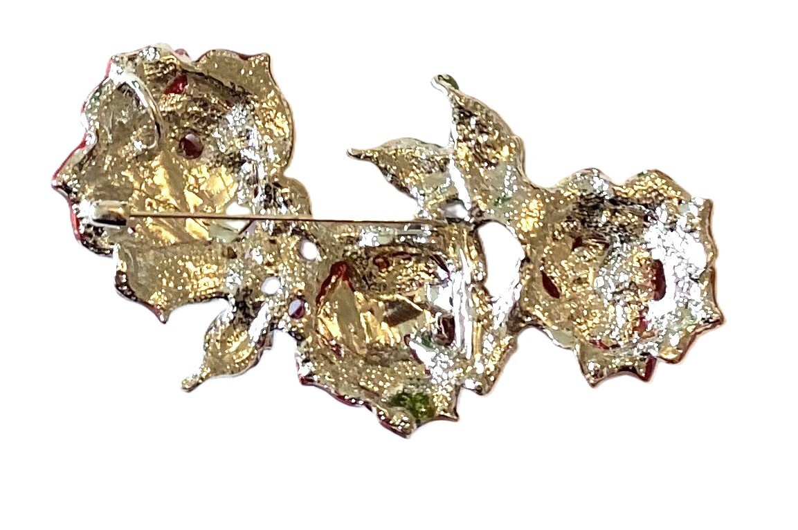 RHINESTONE FLOWER BROOCH! Stunning Red Rose Trinity Pin! Amazing Red Crystals!