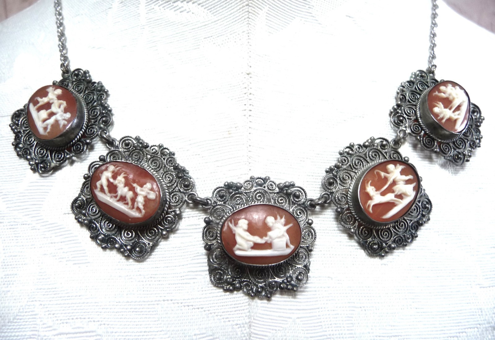 FABULOUS RARE ANTIQUE STERLING 800 SHELL CAMEO CANNETILLE CUPID CHARIOT NECKLACE