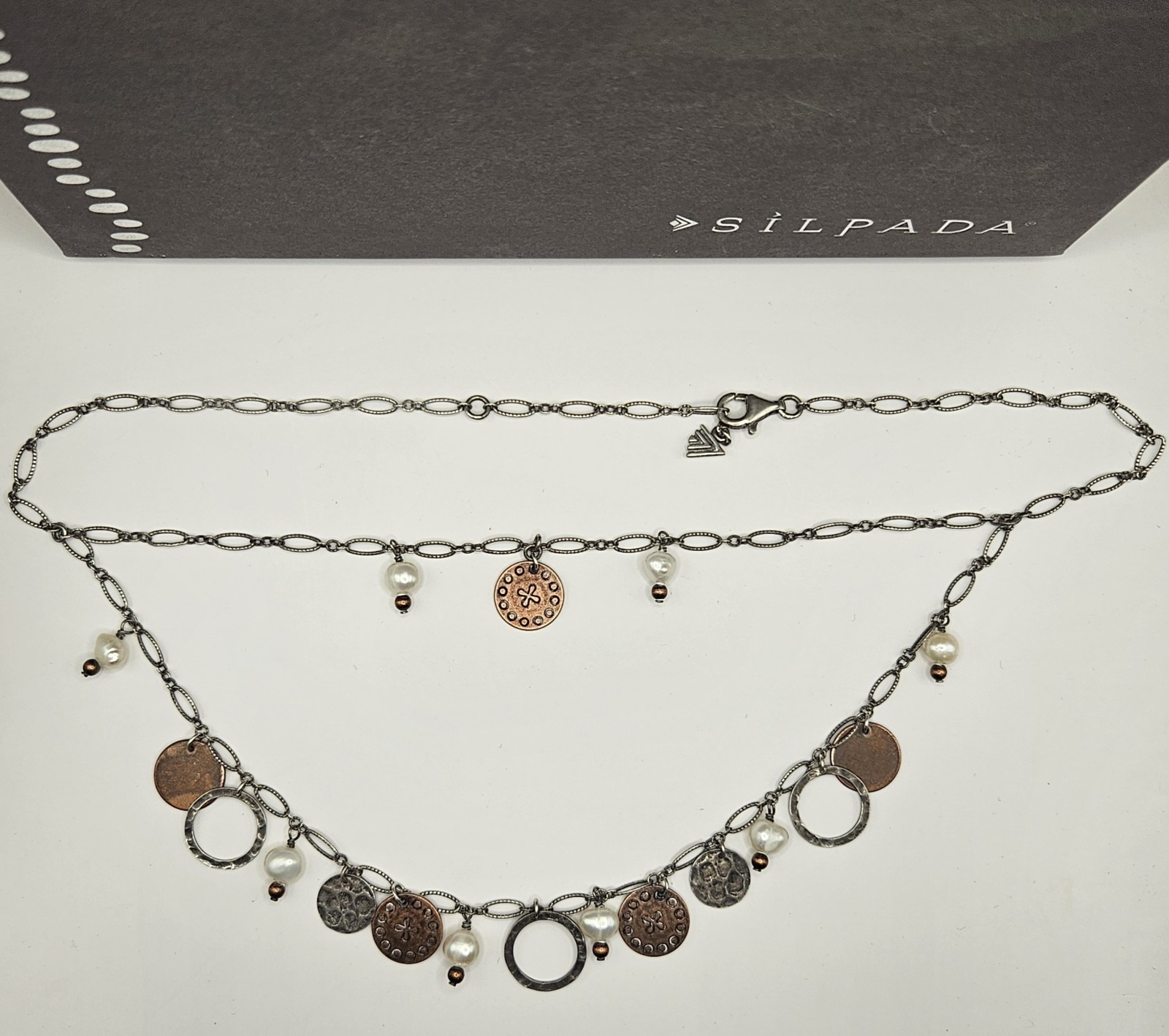 Vintage Sillada Pearl Bronze Coin Necklace 925 Sterling Silver Multi Layer