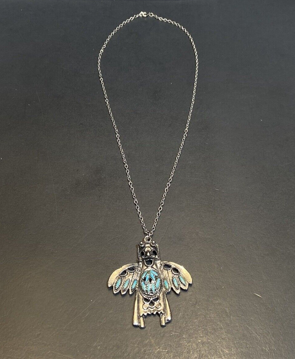 VTG Thunderbird Kachina Pendant Necklace Faux Turquoise Silver Tone Southwestern