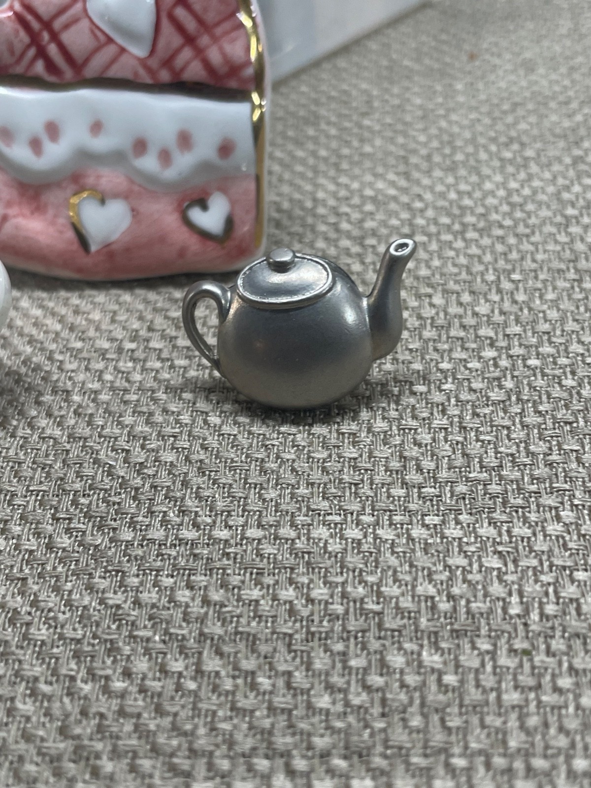 Brooch Pin set 2 ceramic pottery 1 is metal teapot and Heart shapes