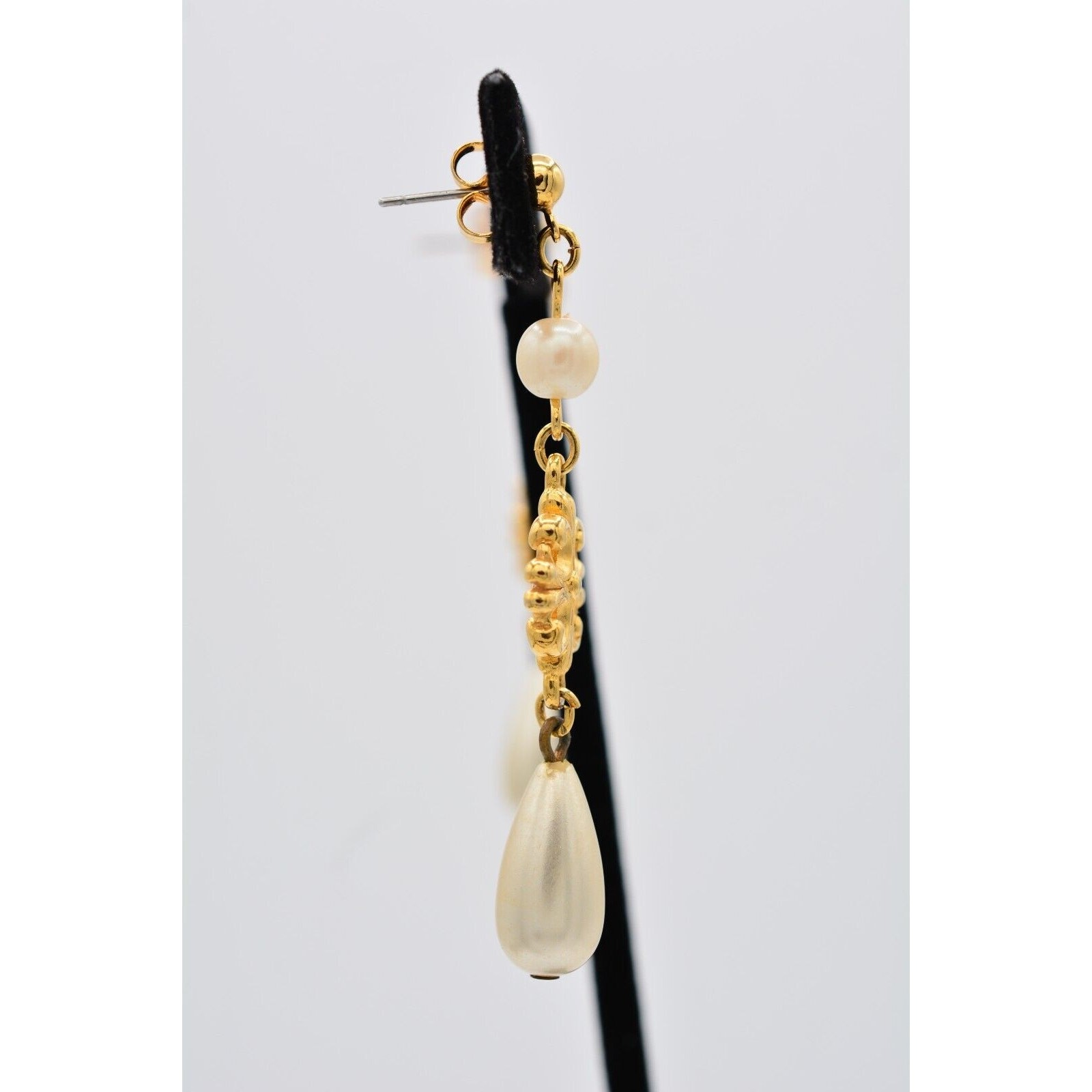 Vintage Dangle Drop Pearl Earrings Gold Tone Lightweight 2.25″ 1980s BinAV