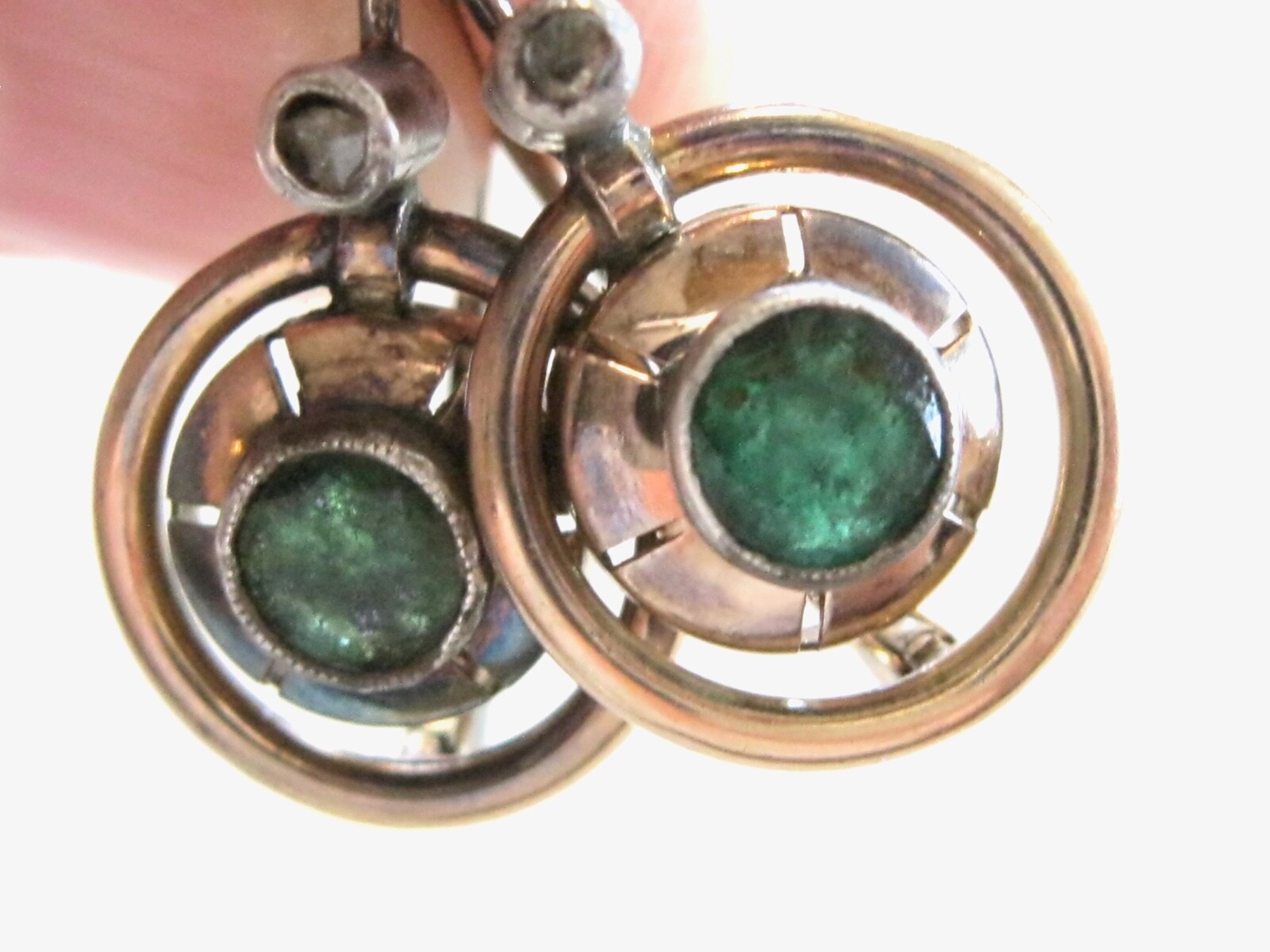ANTIQUE CIRCULAR EMERALD AND ROSE CUT DIAMOND LEVER BACK GOLD EARRINGS 14K GOLD