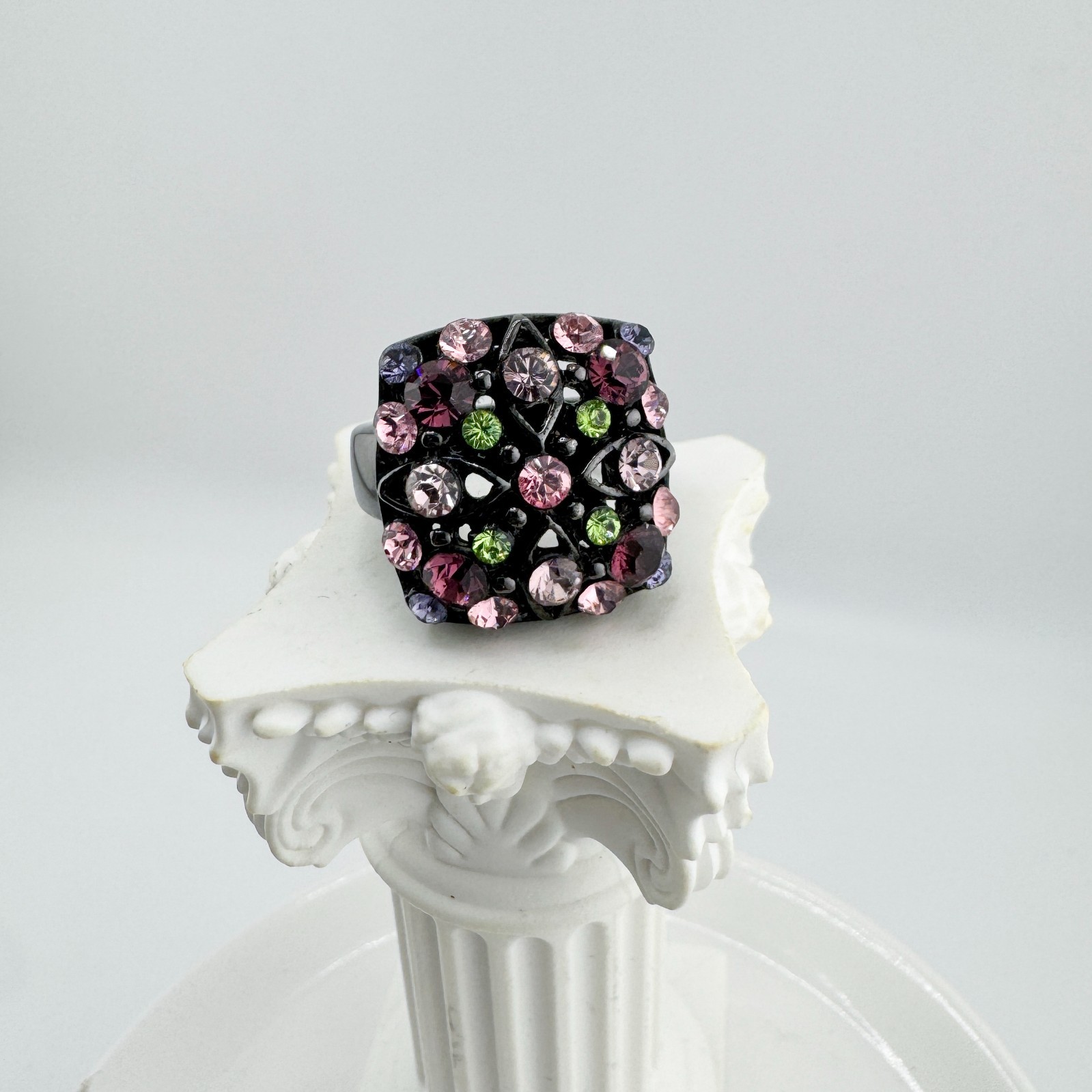 Vintage Black Gunmetal Rhinestone Ring Pink Green Purple Floral Cocktail Retro