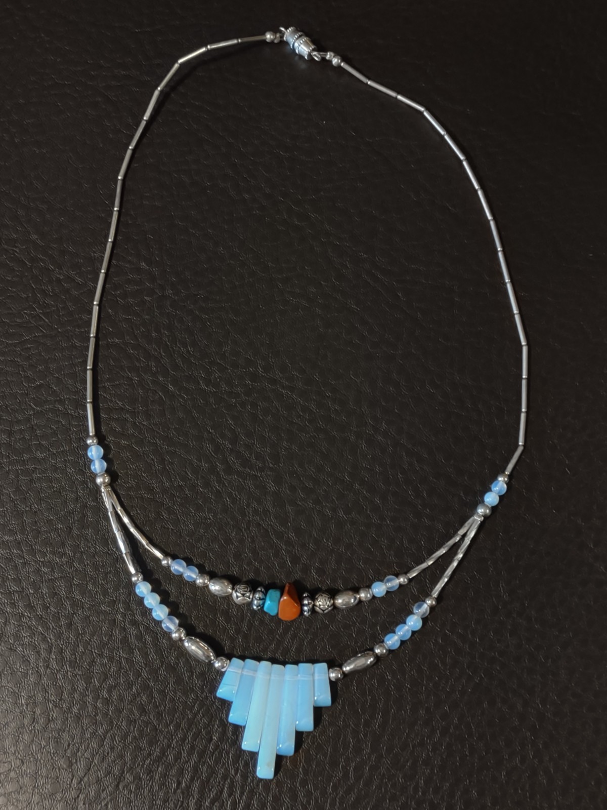 Fringe Moonstone Liquid Silver Layered Necklace Turquoise Coral Beads 18″