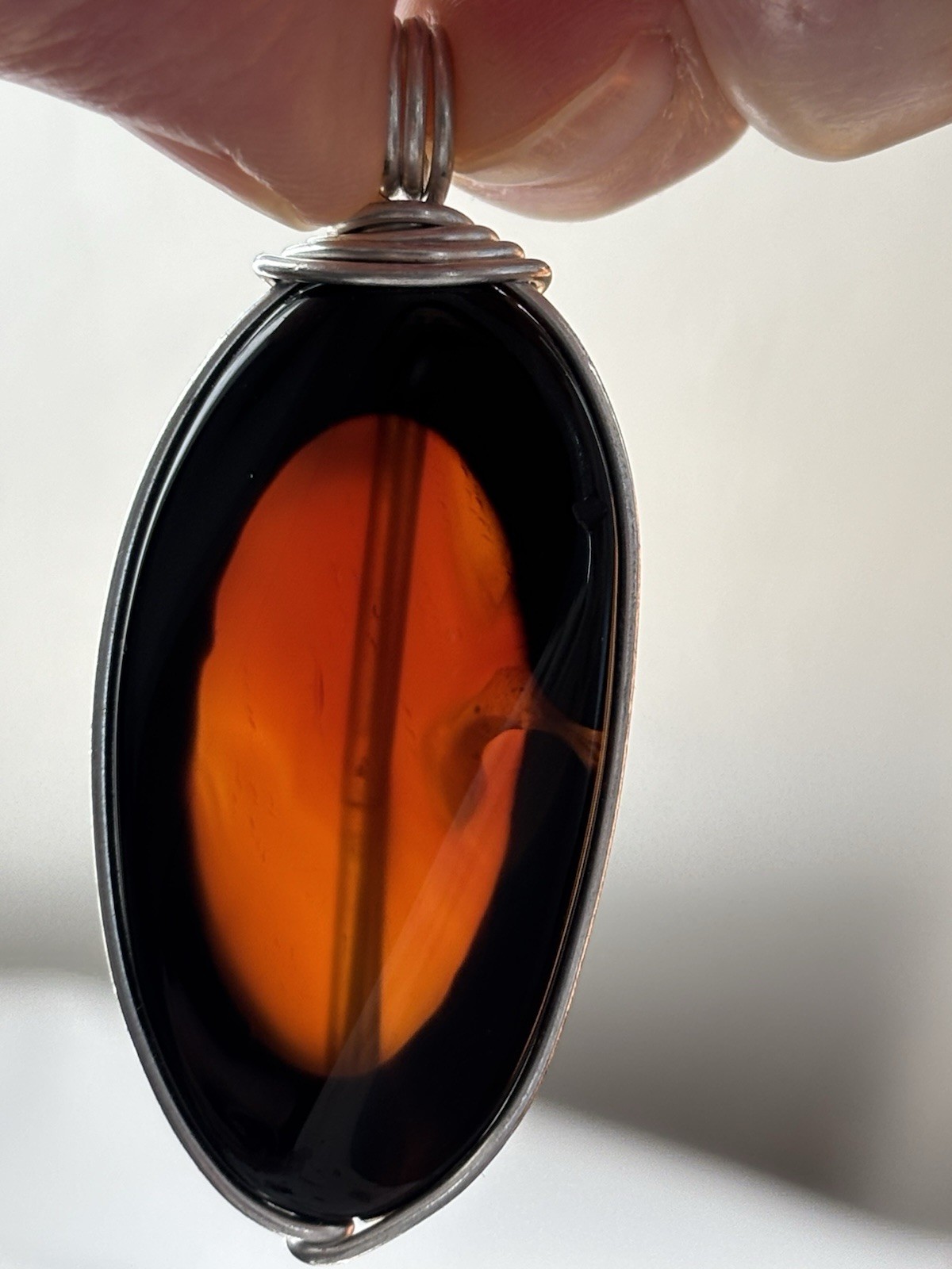 Handmade Wire Wrapped Pendant Dk Amber Orange Translucent Stone or Glass Artisan