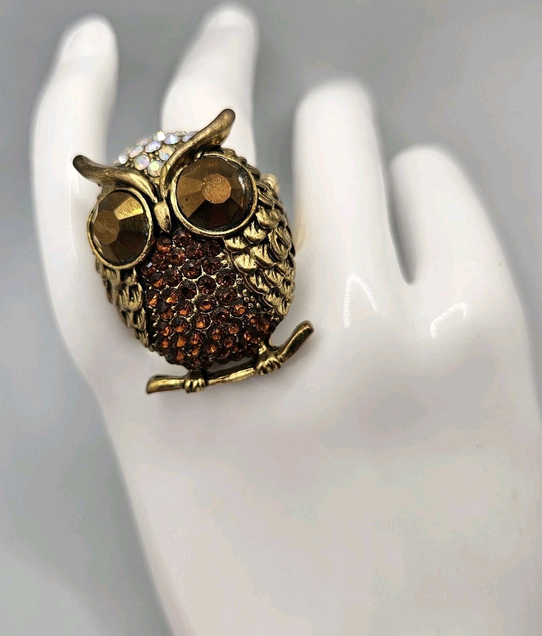 Vintage AB Rhinestone Owl Ring Gold Tone Stretch Band Chunky Large Cocktail Bird