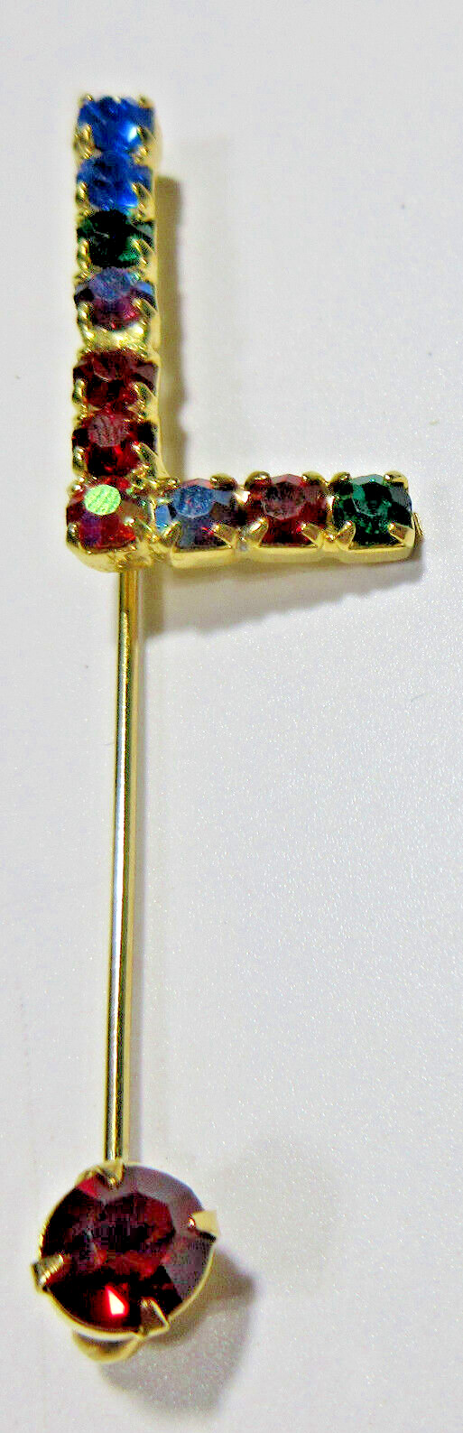 VTG COLORFUL RHINESTONE INITIAL LETTER L Blue green red gold tone HAT STICK PIN