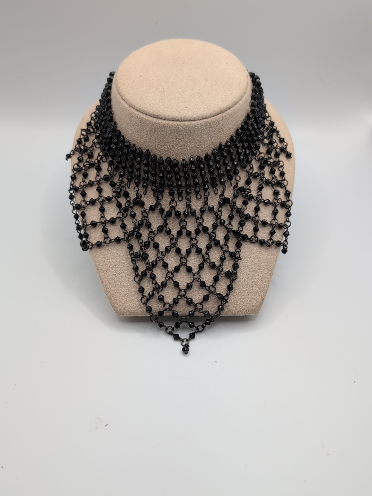 Victorian Revival Black Glass Beaded Cascading Collar Necklace Gothic