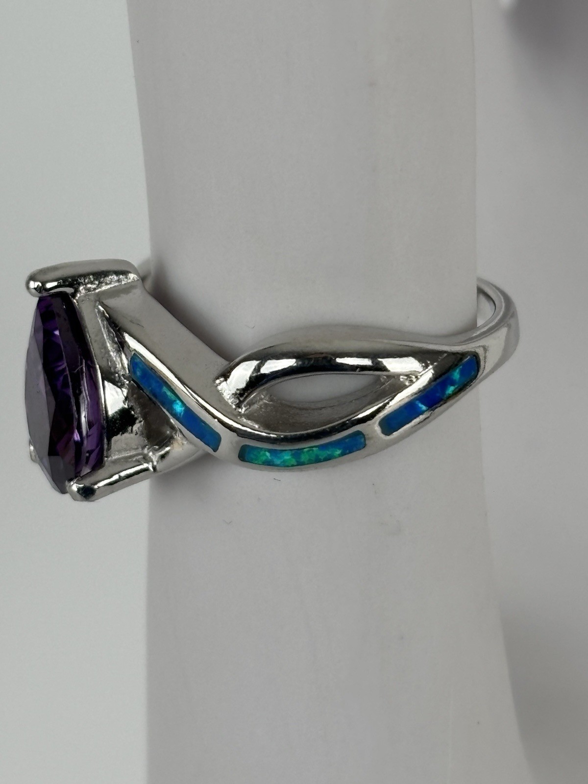 Sterling Silver Teardrop Amethyst & Blue Opal Set Ring Size 8