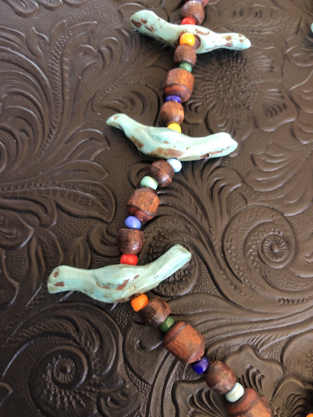 Vintage 1960s Blue Bird Fetish Necklace, Leather Wood Plastic Route 66 Souvenir