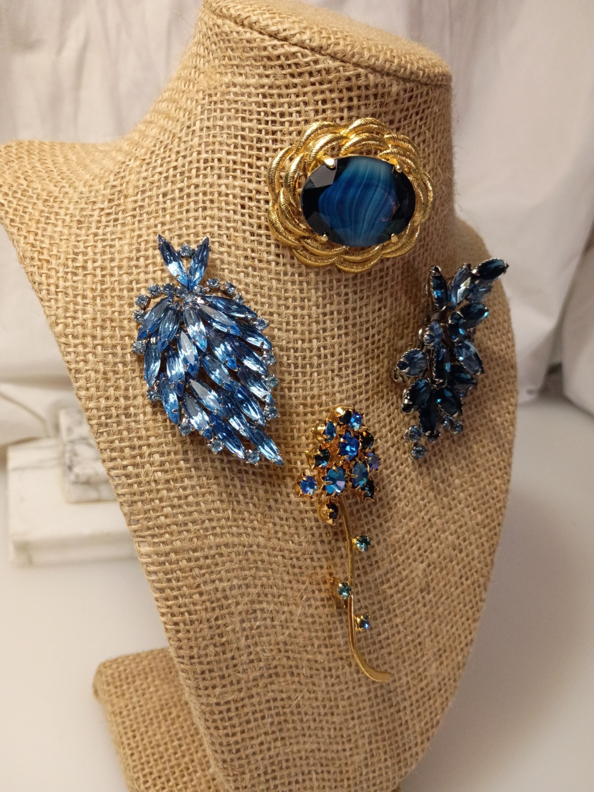 Rhinestone Costume Vintage Jewelry Lot, 4 Piece, Blue, Silver Tones, Gold Tones