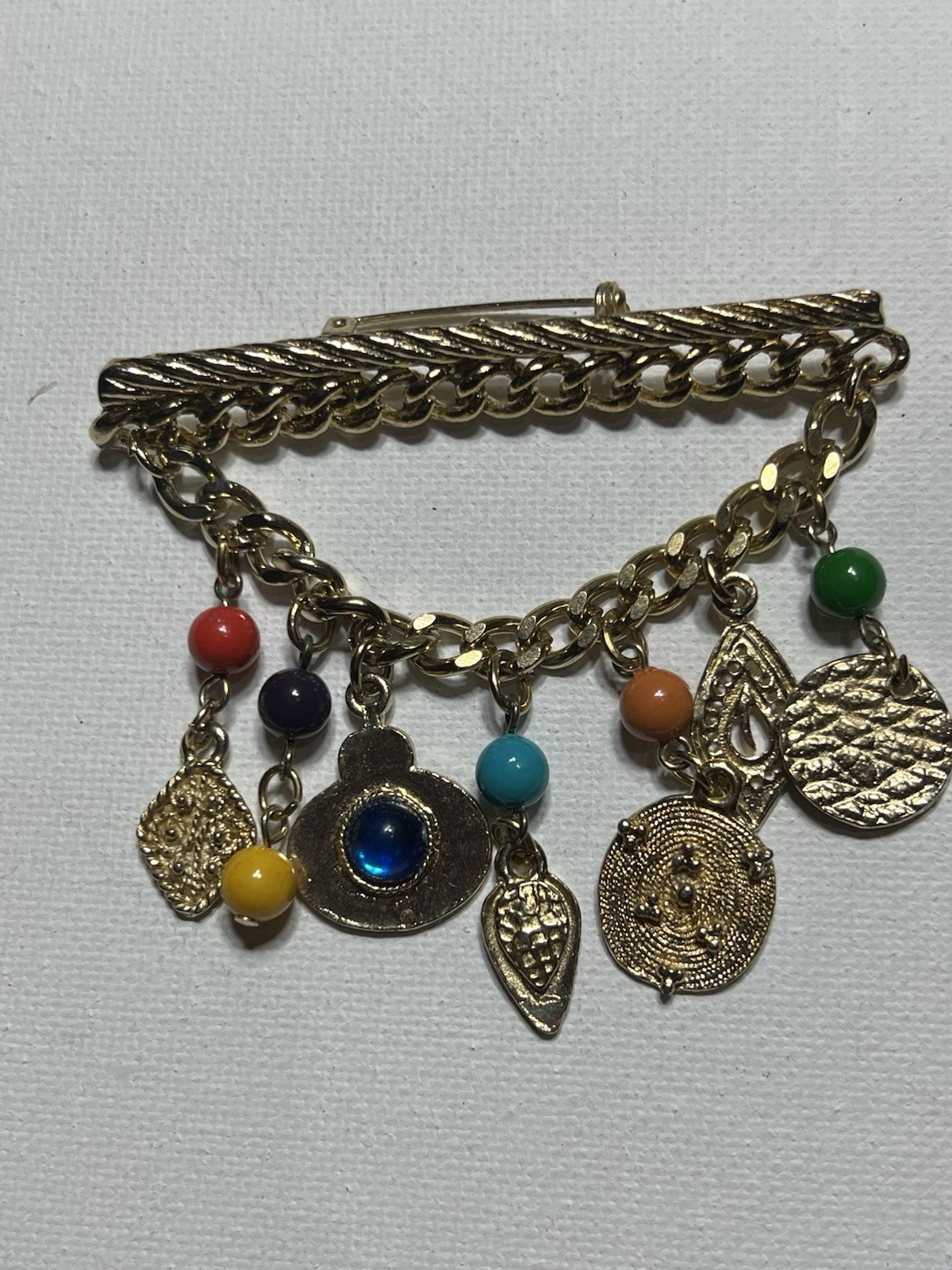 Dangle Bar Brooch Pin Gold Tone Assorted Gemstone charms Retro Vintage beaded