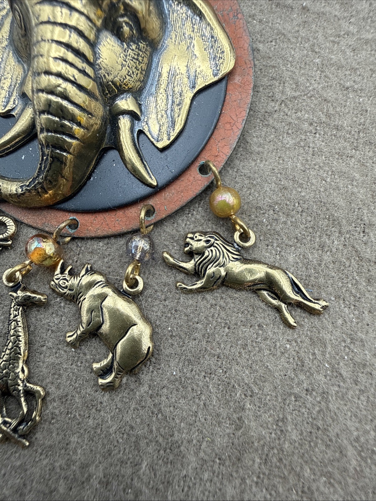 Vintage Safari Pin Gold Tone Dangle Animal Charms Brooch Pin